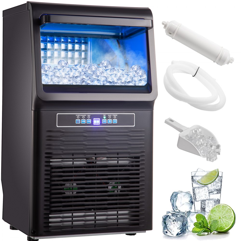 VEVOR Máquina de hielo portátil automática de 110 V, 70 libras/24 horas, 350 W con almacenamiento de 11 libras, 36 piezas por bandeja, funcionamiento automático, luz azul, incluye filtro de agua, tubo de drenaje, cuchara