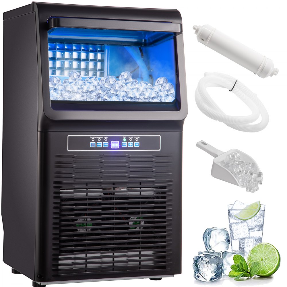 VEVOR Máquina de hielo portátil automática de 110 V, 70 libras/24 horas, 350 W con almacenamiento de 11 libras, 36 piezas por bandeja, funcionamiento automático, luz azul, incluye filtro de agua, tubo de drenaje, cuchara
