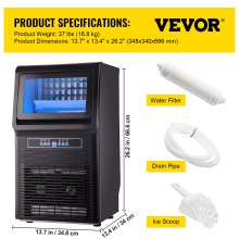 VEVOR 110V Countertop Ice Maker 70LB/24H, 350W Automatic Portable Ice Machine with 11LB Storage, 36Pcs per Tray, Auto Operation, Blue Light, Include Water Filter, Drain Pipe, Scoop