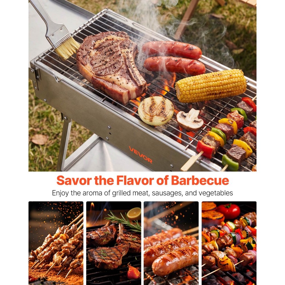 VEVOR Foldable Charcoal Grill, 0.16 m² Portable Charcoal Barbecue Grill with Liftable Charcoal Tray & Side Tables, Brushed Stainless Steel BBQ Cooking Grills for Outdoor Camping Backyard Parties