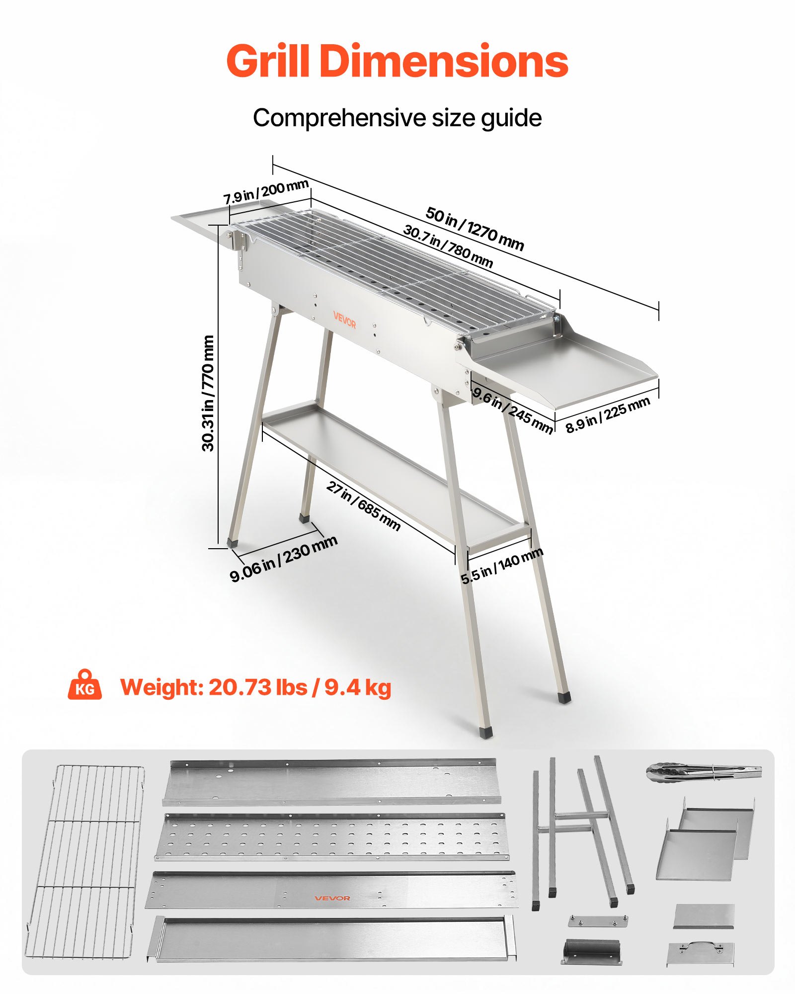 VEVOR Foldable Charcoal Grill, 0.16 m² Portable Charcoal Barbecue Grill with Liftable Charcoal Tray & Side Tables, Brushed Stainless Steel BBQ Cooking Grills for Outdoor Camping Backyard Parties