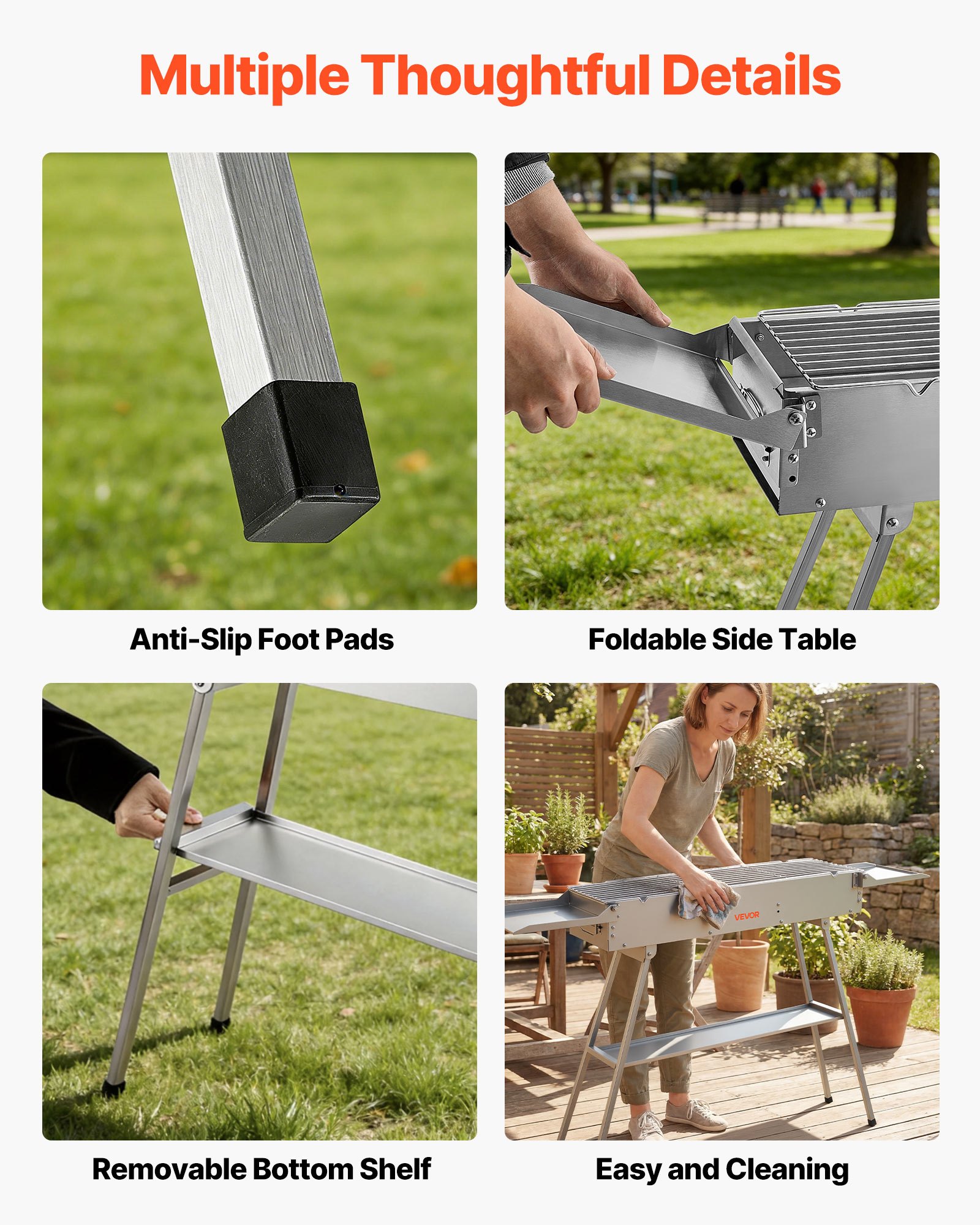 VEVOR Foldable Charcoal Grill, 0.16 m² Portable Charcoal Barbecue Grill with Liftable Charcoal Tray & Side Tables, Brushed Stainless Steel BBQ Cooking Grills for Outdoor Camping Backyard Parties