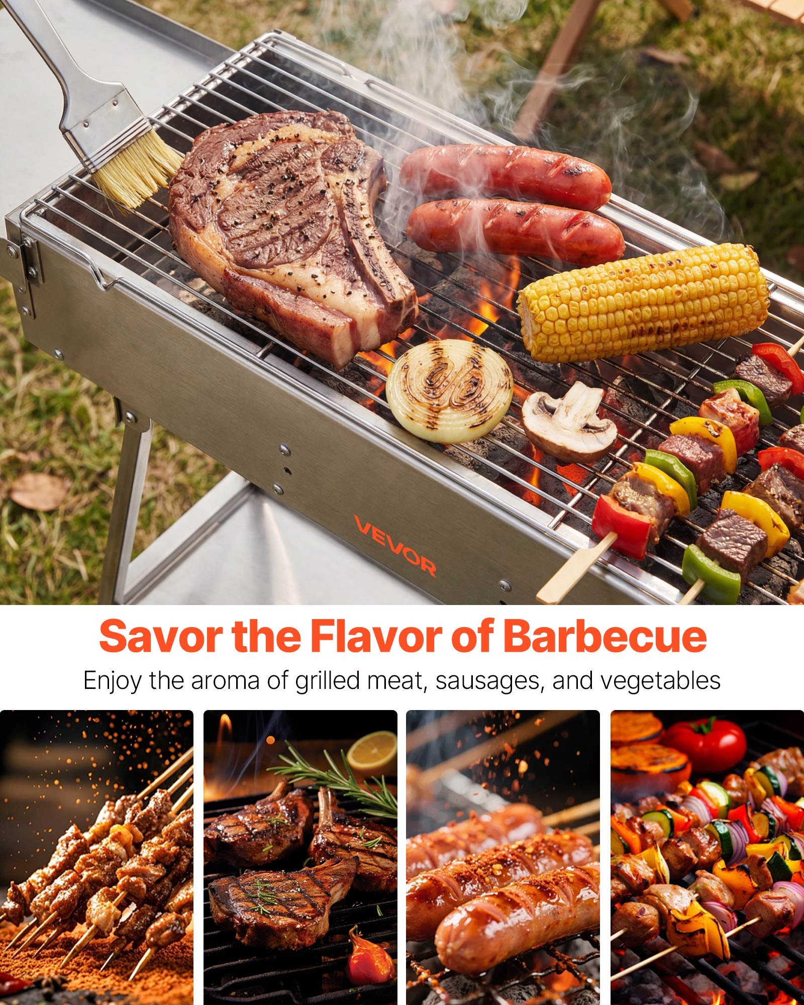 VEVOR Foldable Charcoal Grill, 0.16 m² Portable Charcoal Barbecue Grill with Liftable Charcoal Tray & Side Tables, Brushed Stainless Steel BBQ Cooking Grills for Outdoor Camping Backyard Parties
