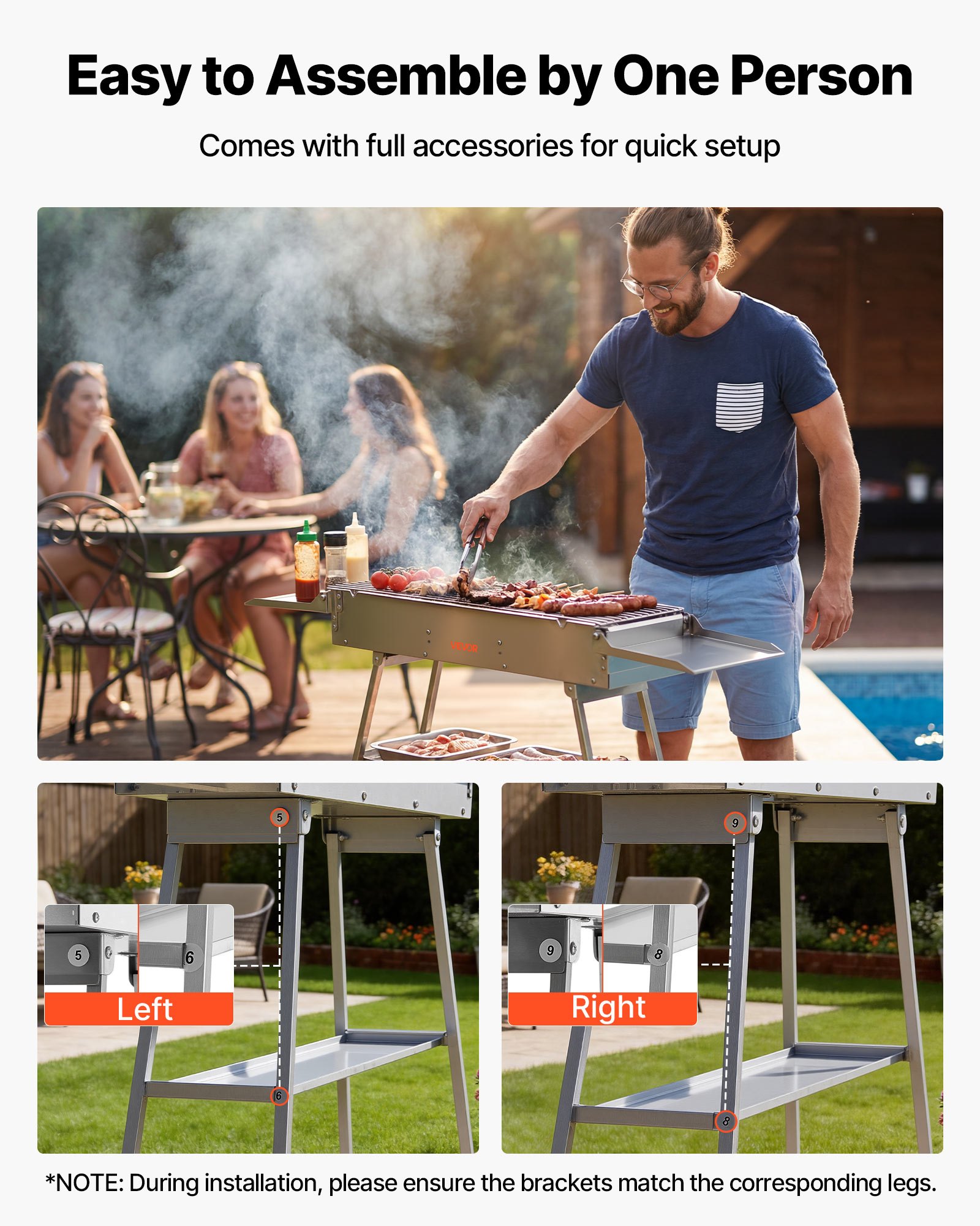 VEVOR Foldable Charcoal Grill, 0.16 m² Portable Charcoal Barbecue Grill with Liftable Charcoal Tray & Side Tables, Brushed Stainless Steel BBQ Cooking Grills for Outdoor Camping Backyard Parties