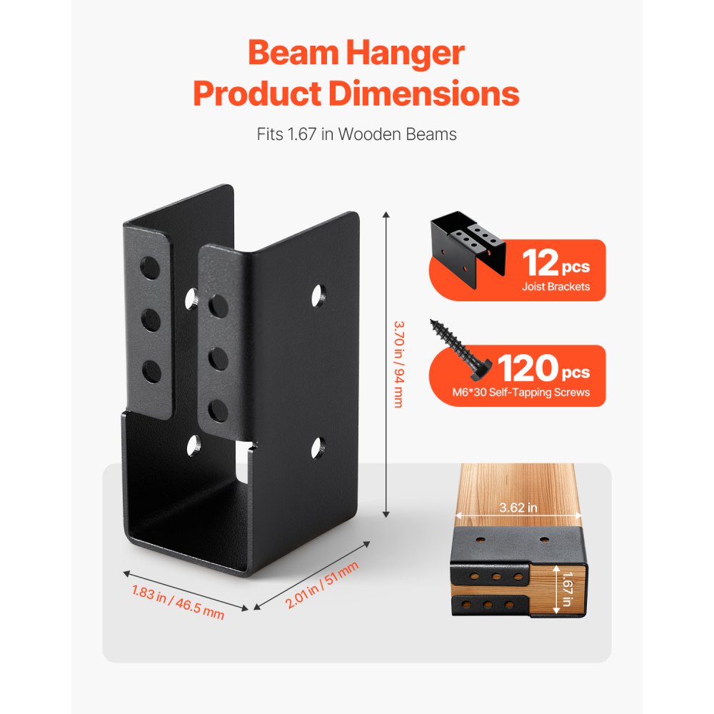 VEVOR Concealed Joist Hanger, 2x4 Inch Outdoor Concealed-Flange Joist Bracket with Screws, Steel Light Joist Hangers for 1.93 x 3.62 Inch / 49 x 92 mm Beam, Swing, Fence, Wooden Slides, 12 Pcs
