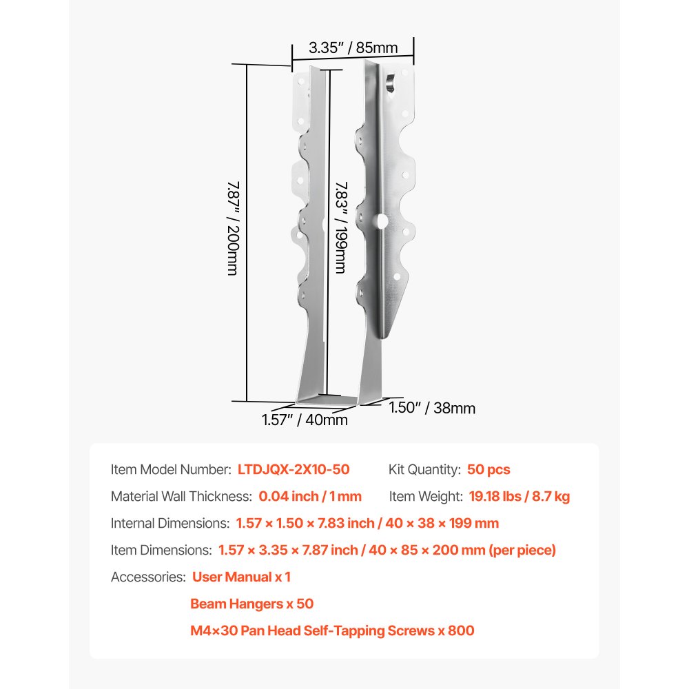 VEVOR 50 db-os gerendatartó, belső méretek 1,57 x 1,50 x 7,83 hüvelyk / 40 x 38 x 199 mm, szarufa hurrikán gerendatartók rozsdaálló bevonattal, rögzítőkonzolok padlóburkolathoz és mennyezeti rácsos szerkezetekhez