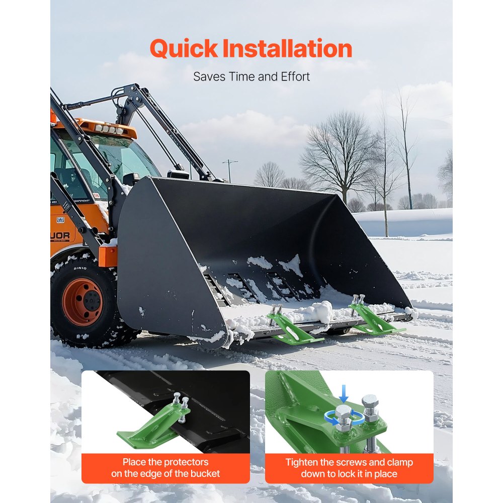 VEVOR Tractor Bucket Protector, 2PCS Heavy Duty Steel Bucket Edge Protectors, Edge Tamer Anti-Skid Device with Double Hexagon Lock Nuts and Bolts, for Snow, Leave Removal & Spreading Gravel (Green)