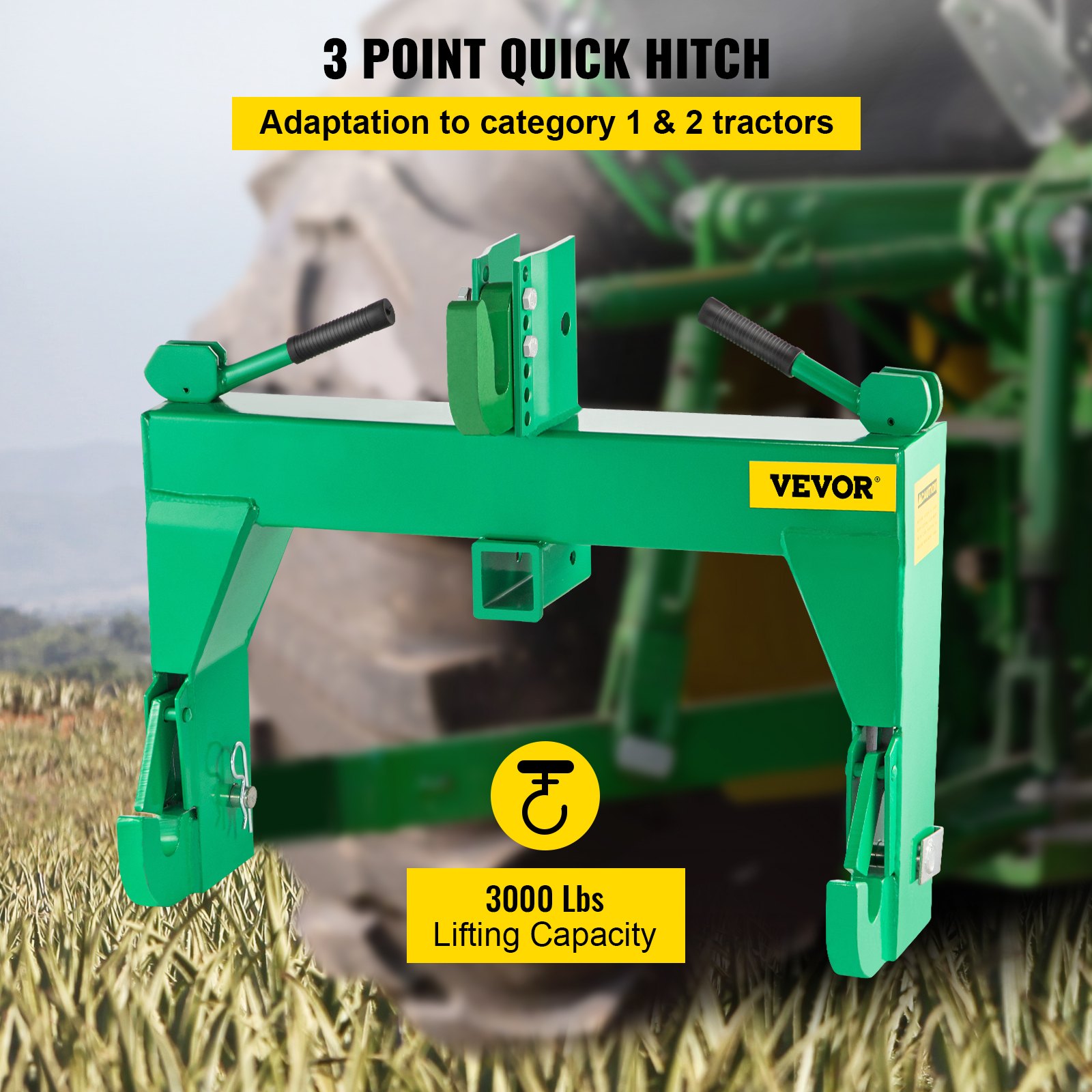 VEVOR 3-Point Quick Hitch, 3000 LBS Lifting Capacity Tractor Quick Hitch, 28.31\" Between Lower Arms Attachments Quick Hitch, No Welding & 5 Level Adjustable Bolt, Adaptation to Category 1 & 2 Tractor