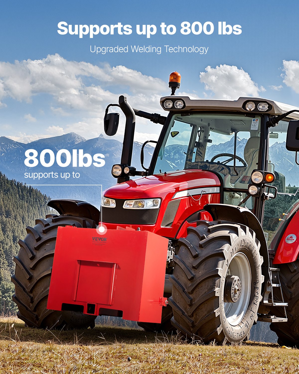 VEVOR Ballast Box, 3-Point Category 1 Tractor Ballast of 800lbs Capacity, for 2 Inch Hitch Receiver, Heavy-Duty Steel 4.3 ft³ Large Volume Loader Attachment with Sliding Door, Red