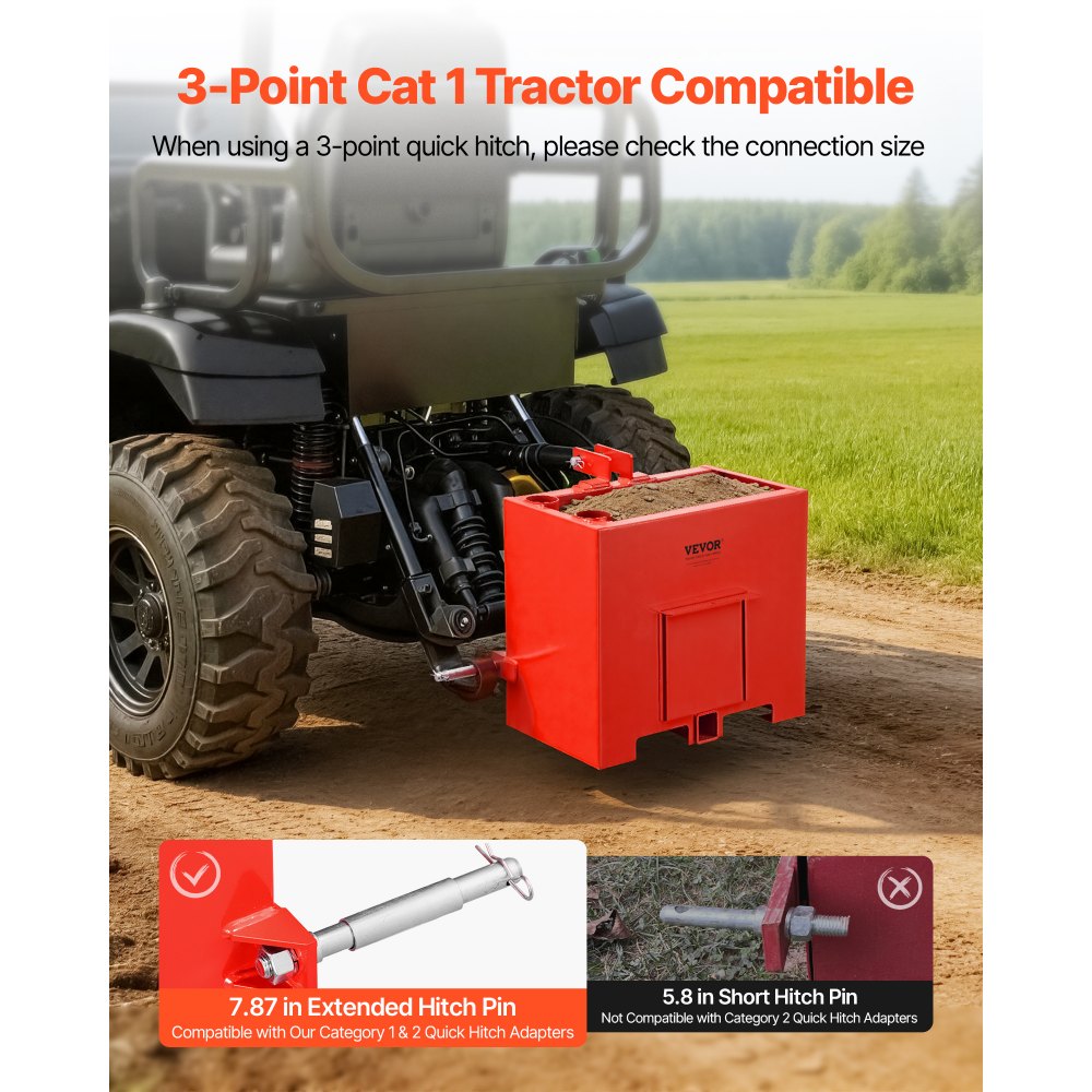 VEVOR Ballast Box, 3-Point Category 1 Tractor Ballast of 800 lbs Capacity, with Standard 2 Inch Hitch Receiver, Heavy-Duty Steel 3.2 ft³ Large Volume Durable Loader Attachment with Sliding Door, Red