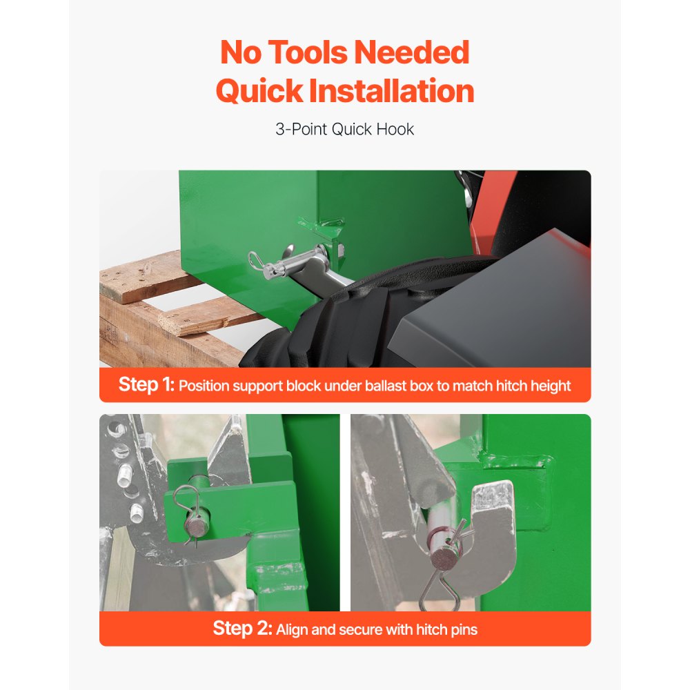 VEVOR Ballast Box, 3-Point Category 1 Tractor Ballast of 800lbs Capacity, for 2 Inch Hitch Receiver, Heavy-Duty Steel 4.3 ft³ Large Volume Loader Attachment with Sliding Door, Green