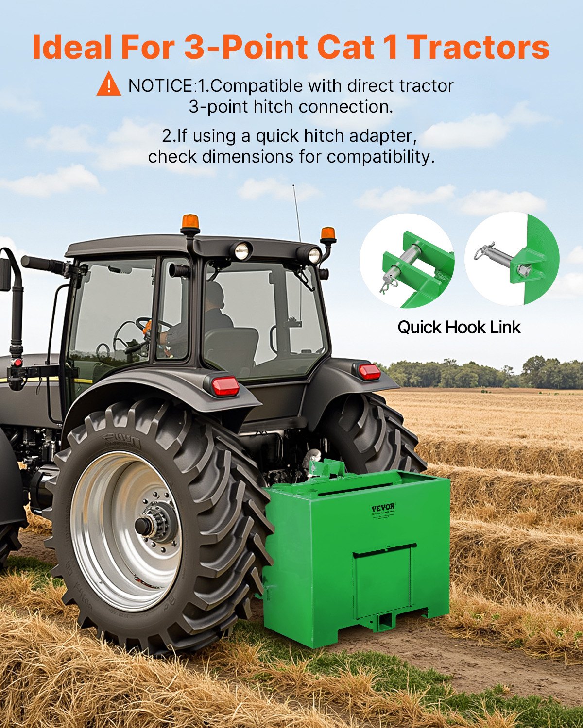 VEVOR Ballast Box, 3-Point Category 1 Tractor Ballast of 800lbs Capacity, for 2 Inch Hitch Receiver, Heavy-Duty Steel 4.3 ft³ Large Volume Loader Attachment with Sliding Door, Green