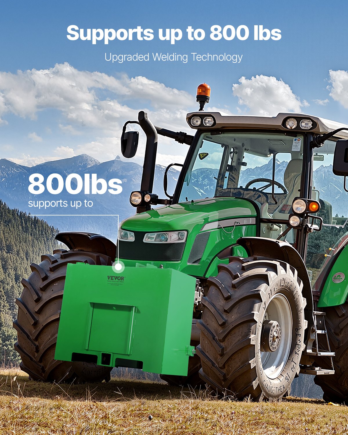 VEVOR Ballast Box, 3-Point Category 1 Tractor Ballast of 800lbs Capacity, for 2 Inch Hitch Receiver, Heavy-Duty Steel 4.3 ft³ Large Volume Loader Attachment with Sliding Door, Green