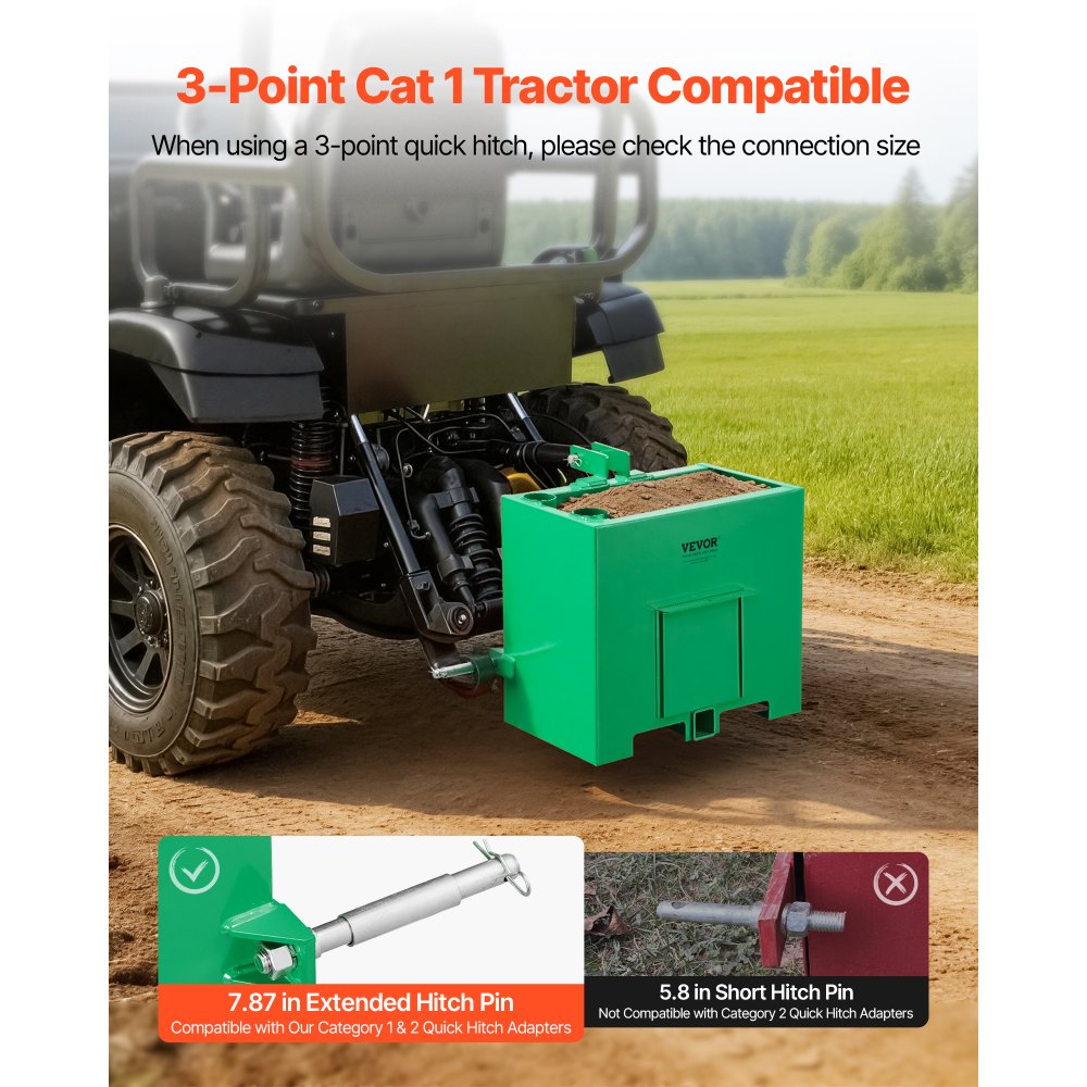 VEVOR Ballast Box, 3-Point Category 1 Tractor Ballast of 800 lbs Capacity, with Standard 2 Inch Hitch Receiver, Heavy-Duty Steel 3.2 ft³ Large Volume Durable Loader Attachment with Sliding Door, Green