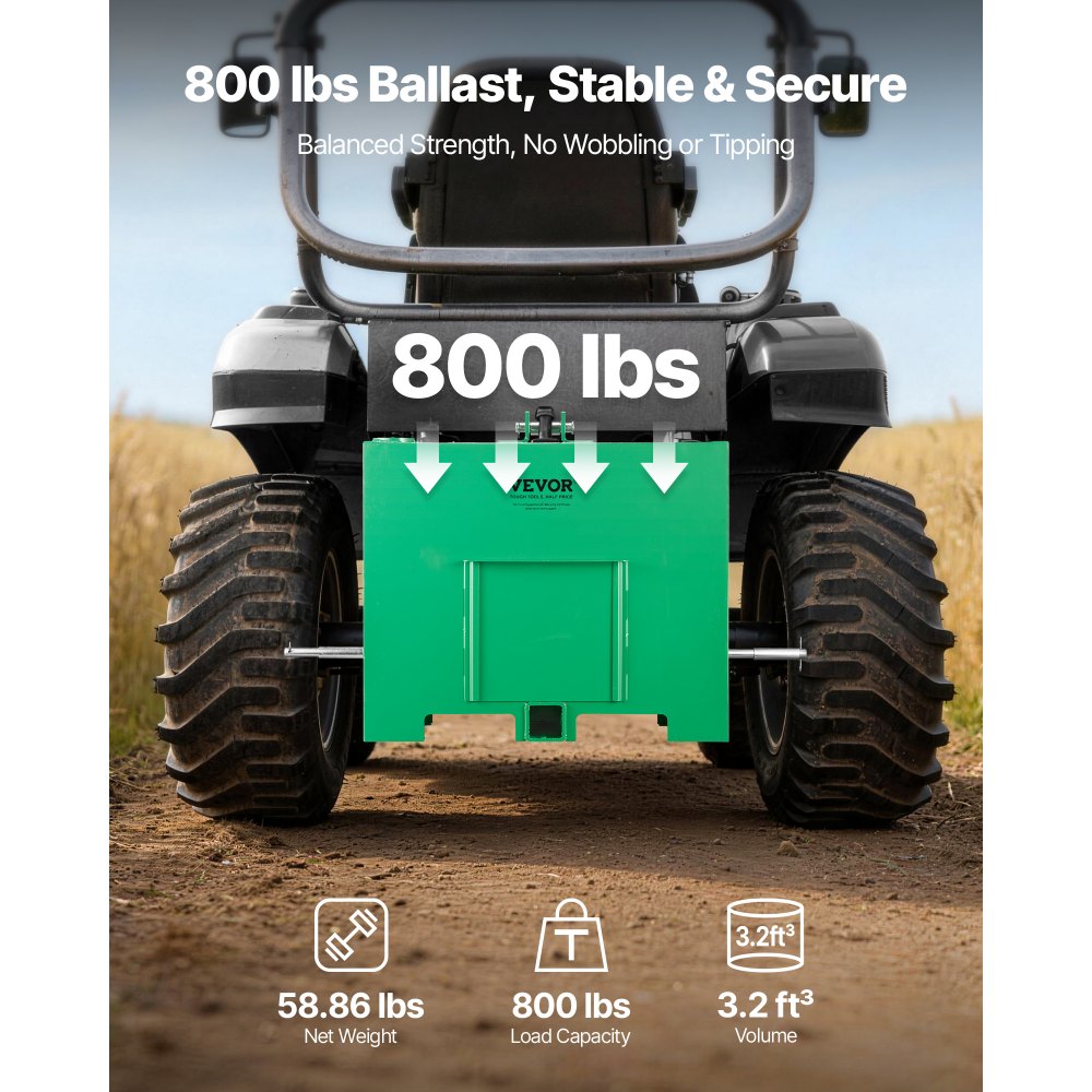 VEVOR Ballast Box, 3-Point Category 1 Tractor Ballast of 800 lbs Capacity, with Standard 2 Inch Hitch Receiver, Heavy-Duty Steel 3.2 ft³ Large Volume Durable Loader Attachment with Sliding Door, Green