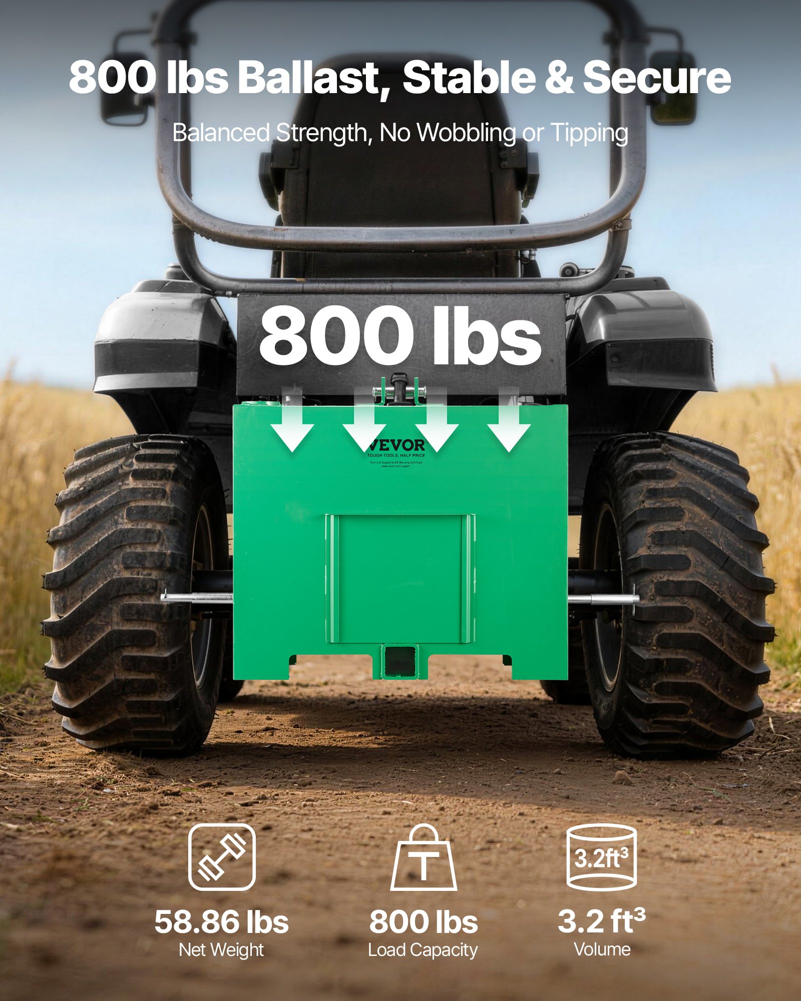 VEVOR Ballast Box, 3-Point Category 1 Tractor Ballast of 800 lbs Capacity, with Standard 2 Inch Hitch Receiver, Heavy-Duty Steel 3.2 ft³ Large Volume Durable Loader Attachment with Sliding Door, Green