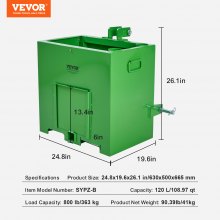 Caixa de lastro VEVOR Trator categoria 1 de 3 pontos, caixa de lastro de engate com capacidade de 800 libras, para receptor de engate de 2'', caixa de lastro de trator com volume de 5cu.ft, aço resistente, verde