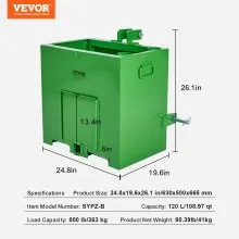 VEVOR Ballast Box 3 Point Category 1 Tractor, 800lbs Capacity Hitch Ballast Box, for 2'' Hitch Receiver, Tractor Ballast Box with 5cu.ft Volume, Heavy-duty Steel, Green