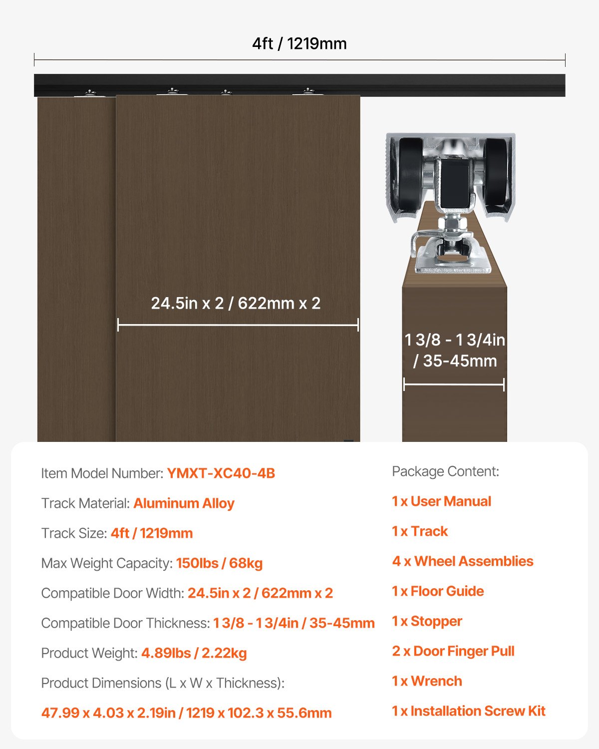 VEVOR Bypass Door Hardware, 4ft Heavy Duty Bypass Sliding Door Hardware Kit, Aluminum Alloy Sliding Closet Door Hardware Set with Finger Pulls, for 2 Door System, Fit Door Thickness 1 3/8 " - 1 3/4"