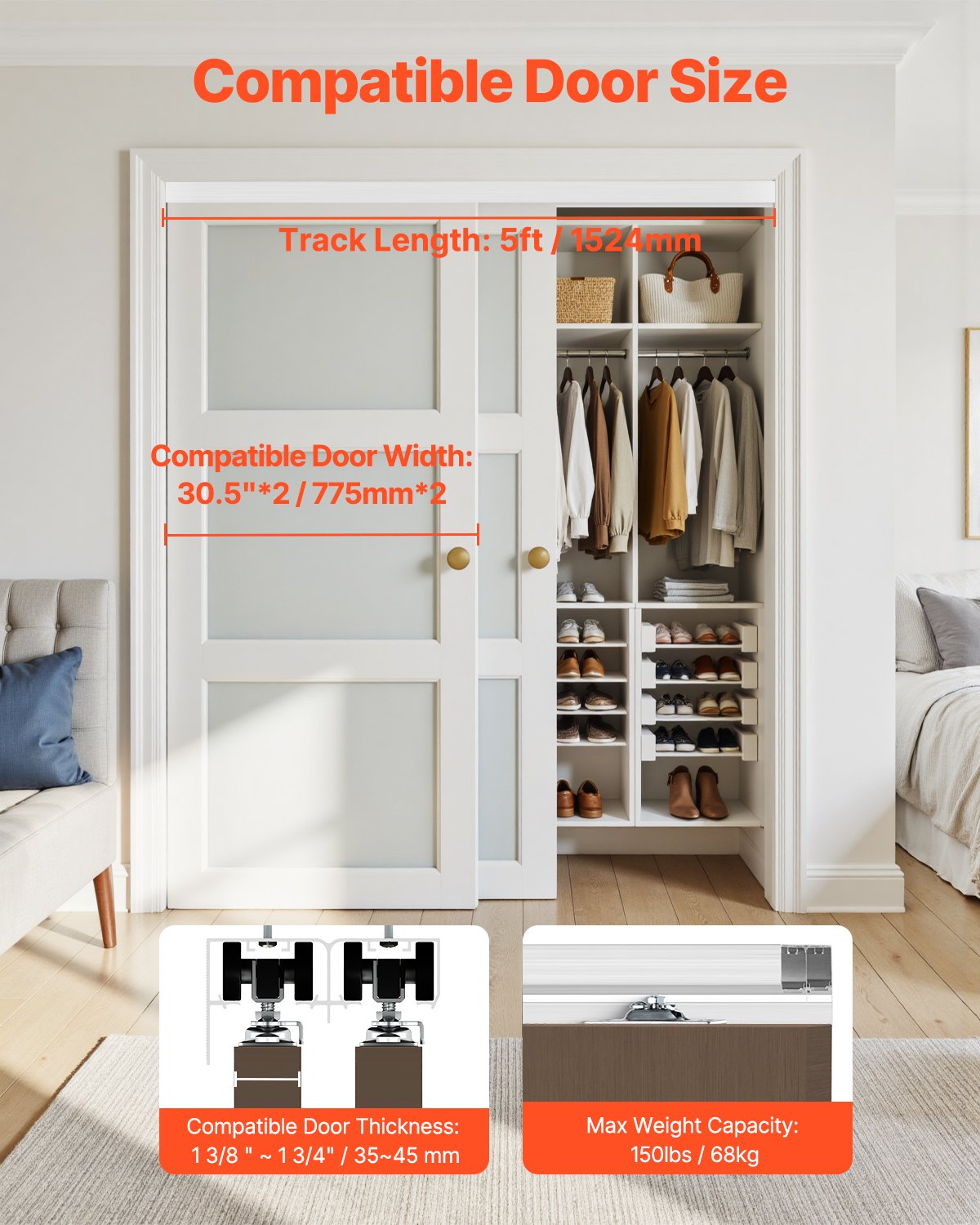 VEVOR Bypass Door Hardware, 5ft Heavy Duty Bypass Sliding Door Hardware Kit, Aluminum Alloy Sliding Closet Door Hardware Set for 2 Door System, Fit Door Thickness 1 3/8 " - 1 3/4", Easy to Install