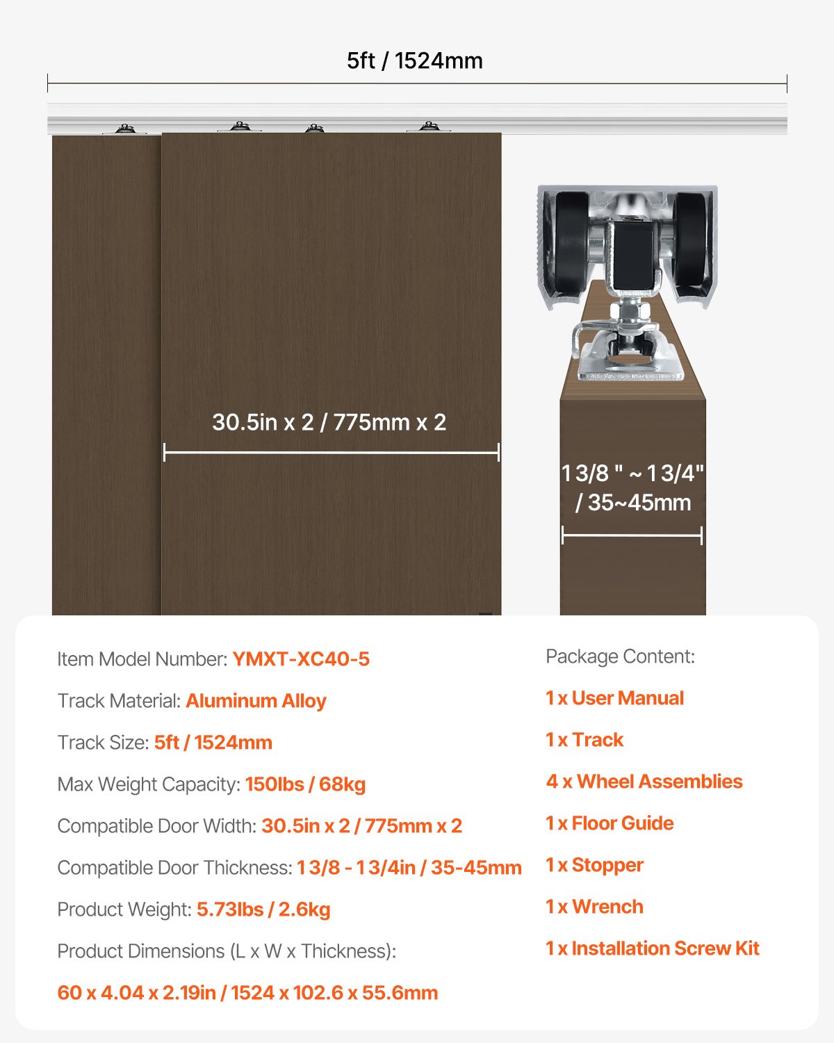 VEVOR Bypass Door Hardware, 5ft Heavy Duty Bypass Sliding Door Hardware Kit, Aluminum Alloy Sliding Closet Door Hardware Set for 2 Door System, Fit Door Thickness 1 3/8 " - 1 3/4", Easy to Install