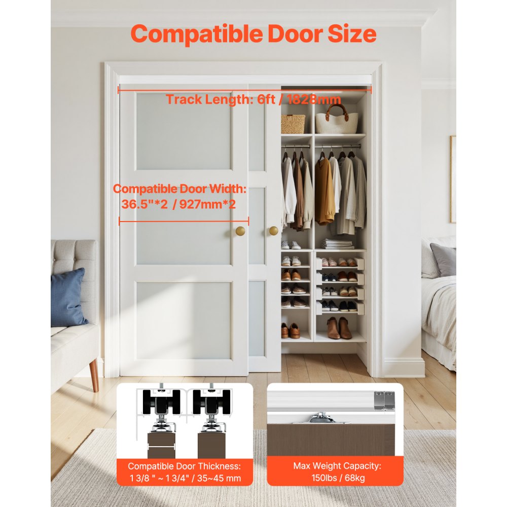 VEVOR Bypass Door Hardware, 1.83 m Heavy Duty Bypass Sliding Door Hardware Kit, Sturdy Aluminum Alloy Sliding Closet Door Hardware Set for 2 Door System, Fit Door Thickness 35-45 mm, Easy to Install