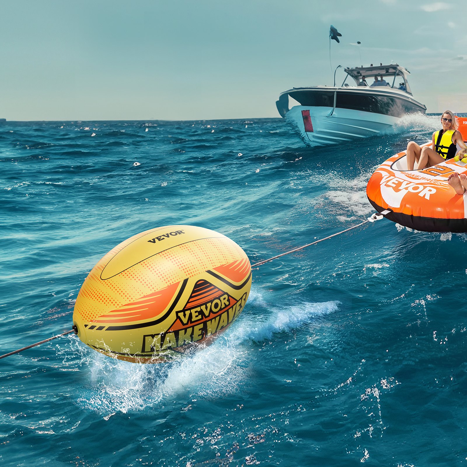 VEVOR Booster Ball, Towable Tube Rope Performance Ball, Thickened PVC Inflatable Booster Balls for Boating and Water Sports - with High Tensile Strength Rope and Speed Safety Valve