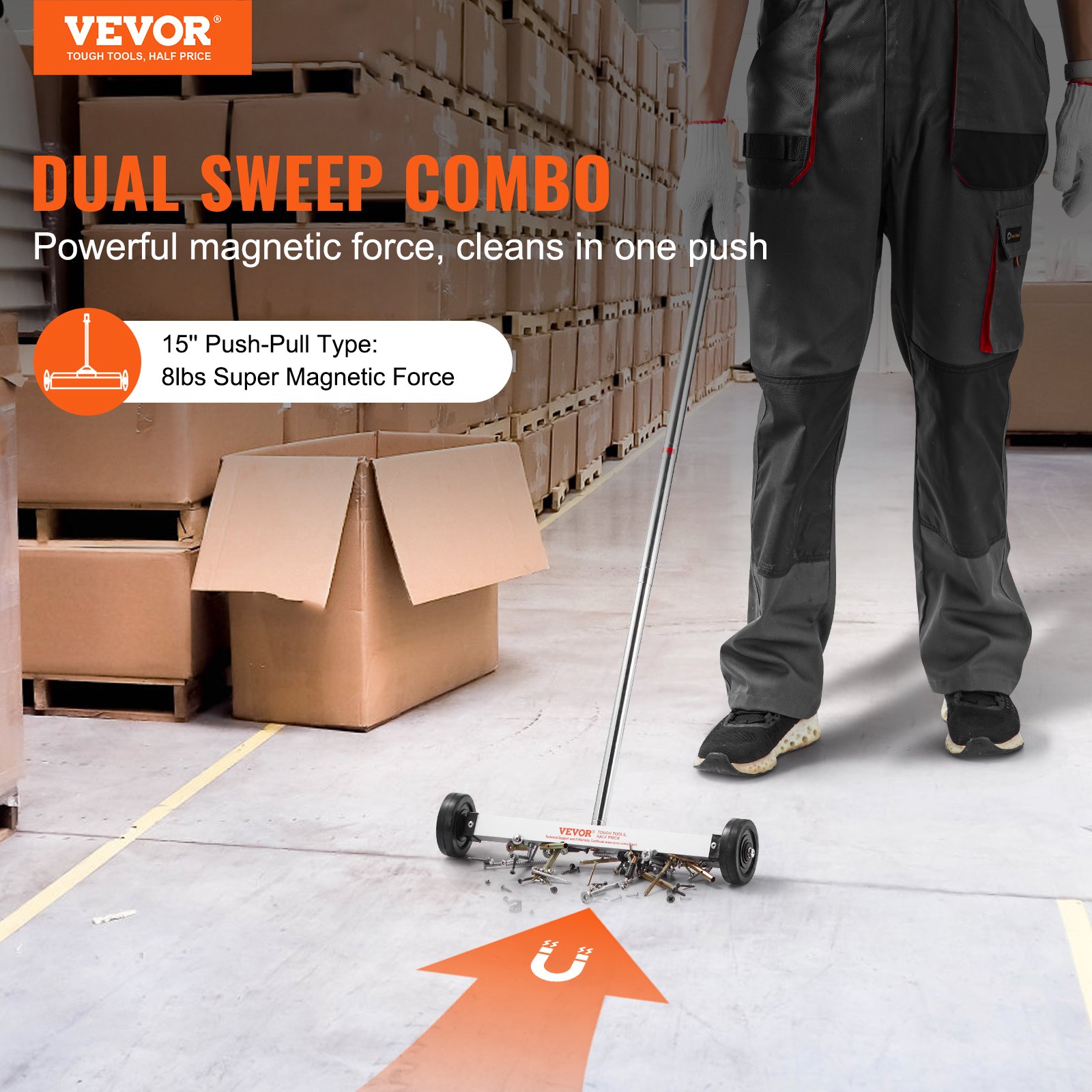 VEVOR Magnetic Sweeper with Wheels, 15inch Mini Magnetic Sweeper, 8 lbs Capacity, Adjustable Handle, Lightweight Magnetic Pickup Sweeper to Pick Up Nails and Screws, Easy Cleanup of Workshop Garage