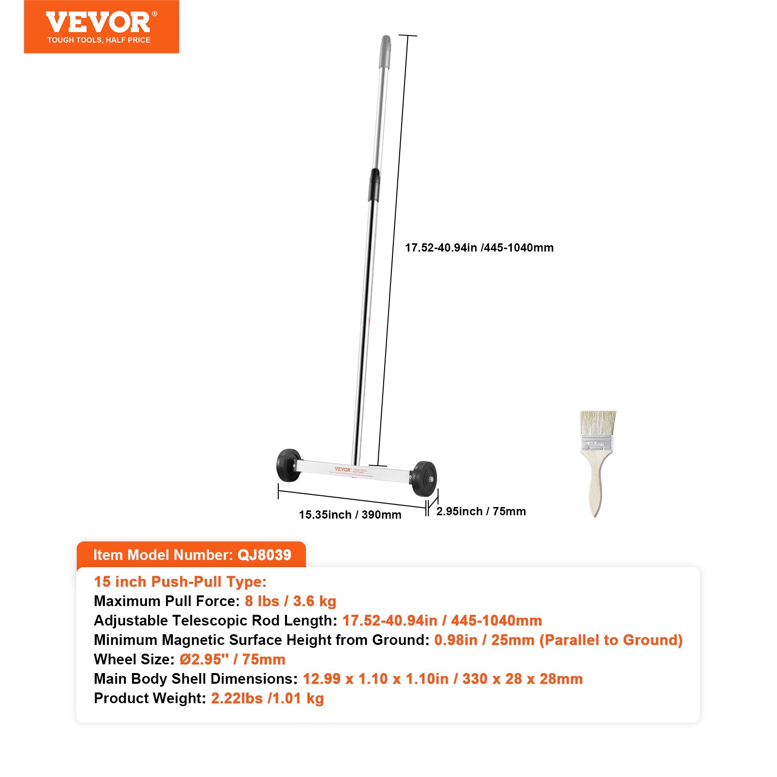 VEVOR Magnetic Sweeper with Wheels, 15inch Mini Magnetic Sweeper, 8 lbs Capacity, Adjustable Handle, Lightweight Magnetic Pickup Sweeper to Pick Up Nails and Screws, Easy Cleanup of Workshop Garage