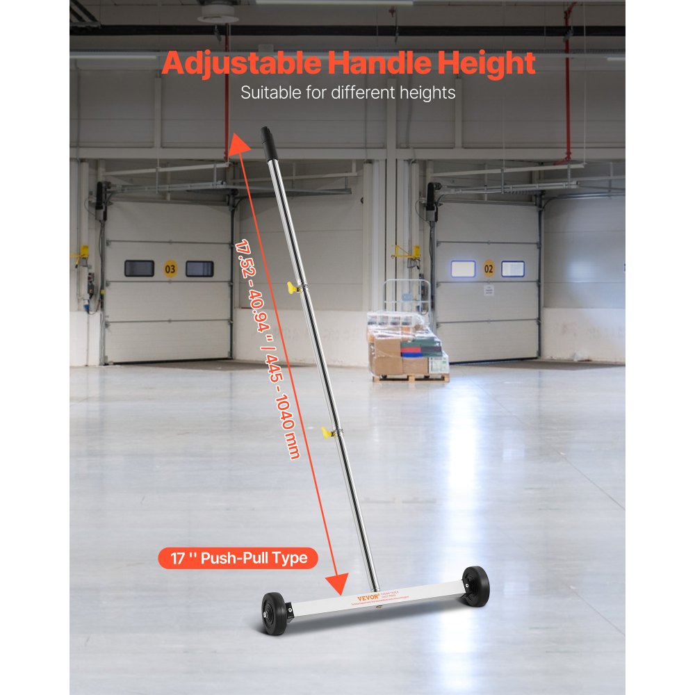 VEVOR Magnetic Sweeper with Wheels, 43 cm, 4.5 kg Load Capacity, Lightweight Magnetic Pickup Sweeper with Adjustable Handle, Pick Up Nails and Screws, Easy Cleanup for Garages, Roofing Projects