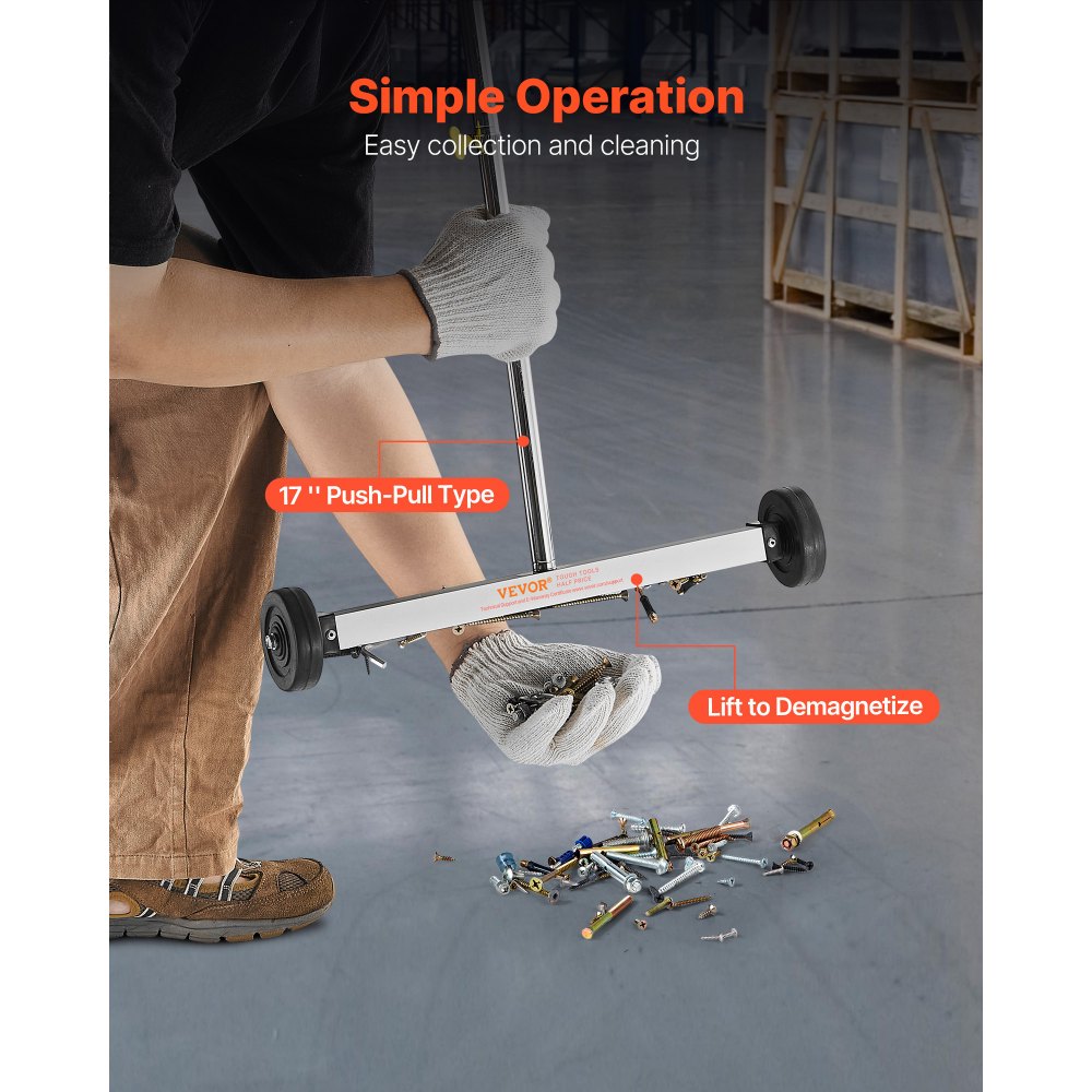 VEVOR Magnetic Sweeper with Wheels, 43 cm, 4.5 kg Load Capacity, Lightweight Magnetic Pickup Sweeper with Adjustable Handle, Pick Up Nails and Screws, Easy Cleanup for Garages, Roofing Projects