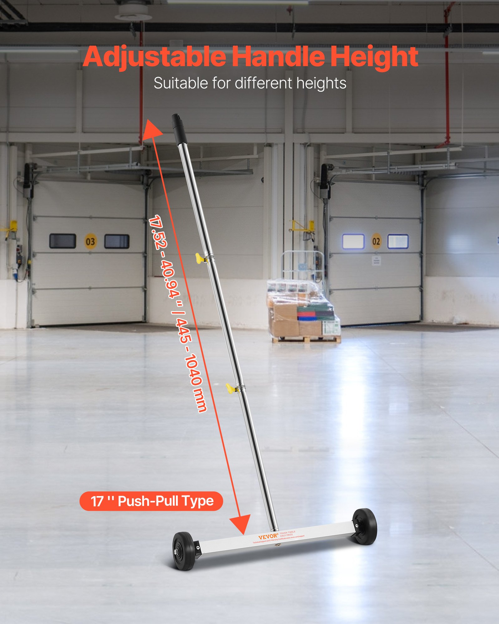 VEVOR Magnetic Sweeper with Wheels, 43 cm, 4.5 kg Load Capacity, Lightweight Magnetic Pickup Sweeper with Adjustable Handle, Pick Up Nails and Screws, Easy Cleanup for Garages, Roofing Projects