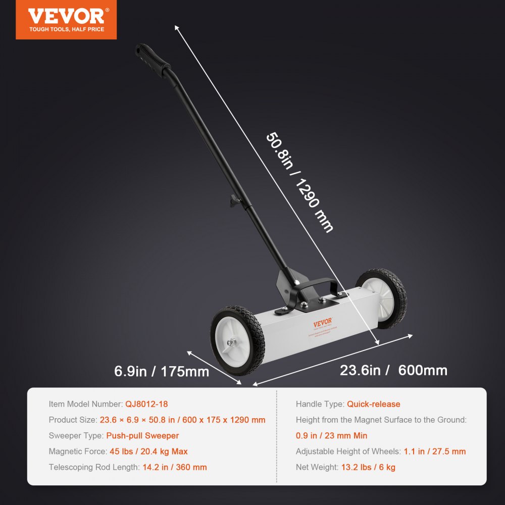 VEVOR 45Lbs Rolling Magnetic Sweeper with Wheels, Push-Type Magnetic Pick Up Sweeper, 18-inch Large Magnet Pickup Lawn Sweeper,  Magnet with Telescoping Handle, Easy Cleanup of Workshop Garage Yard