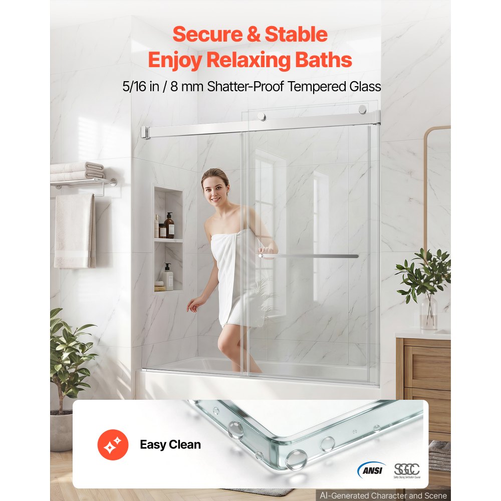 VEVOR Bathtub Shower Door 60"W x 60"H Frameless Bypass Sliding Doors Silver, 5/16" Clear Tempered Glass, Double Sliding Tub Shower Doors with 2 Stainless Steel Handles, Nano Coating, for Bathroom Tubs