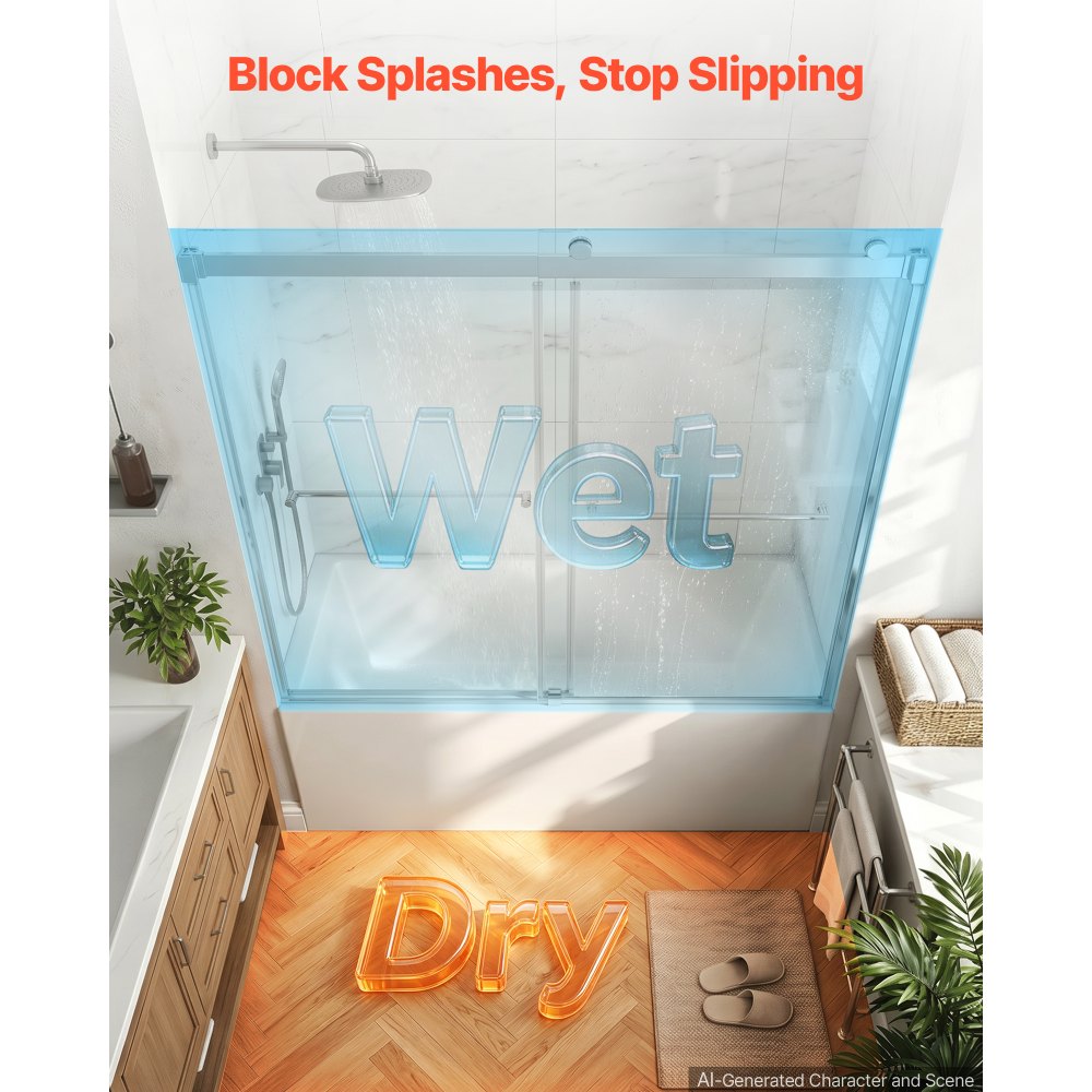 VEVOR Bathtub Shower Door 60"W x 60"H Frameless Bypass Sliding Doors Silver, 5/16" Clear Tempered Glass, Double Sliding Tub Shower Doors with 2 Stainless Steel Handles, Nano Coating, for Bathroom Tubs