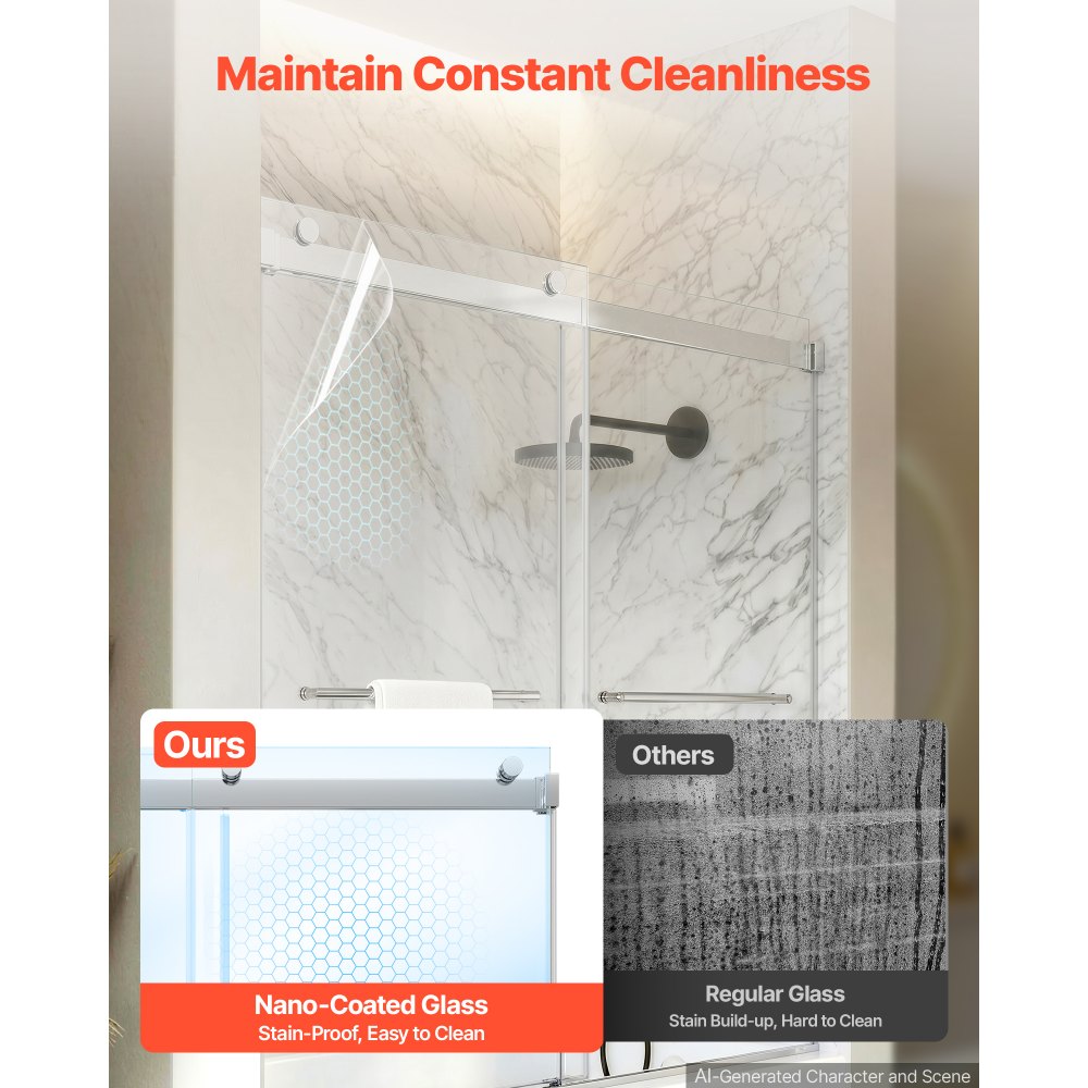 VEVOR Bathtub Shower Door 60"W x 60"H Frameless Bypass Sliding Doors Silver, 5/16" Clear Tempered Glass, Double Sliding Tub Shower Doors with 2 Stainless Steel Handles, Nano Coating, for Bathroom Tubs