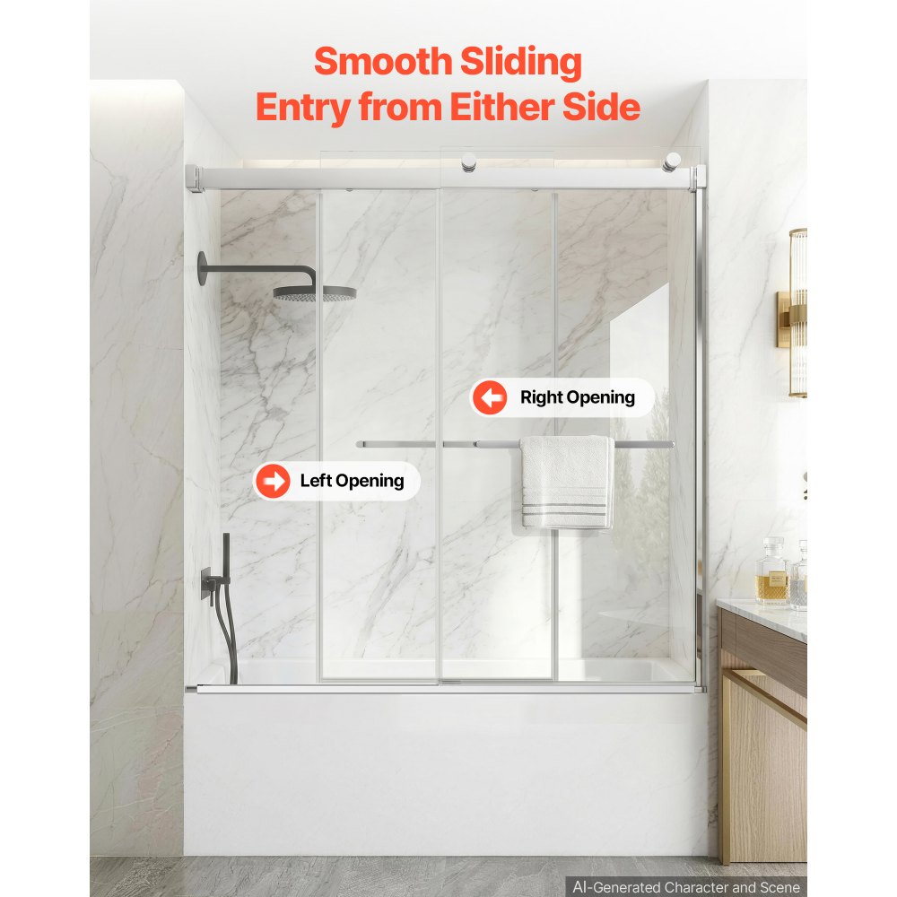 VEVOR Bathtub Shower Door 60"W x 60"H Frameless Bypass Sliding Doors Silver, 5/16" Clear Tempered Glass, Double Sliding Tub Shower Doors with 2 Stainless Steel Handles, Nano Coating, for Bathroom Tubs