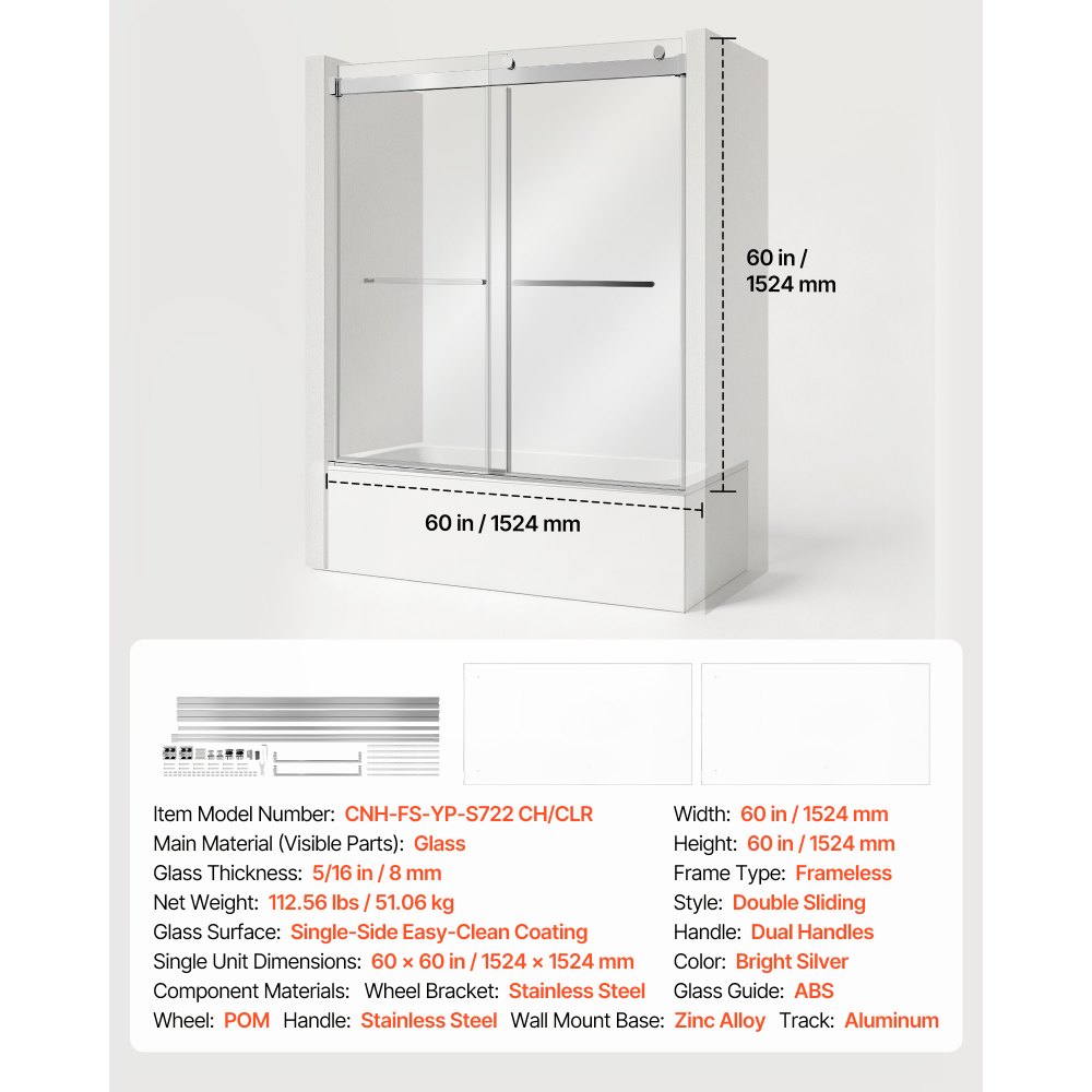 VEVOR Bathtub Shower Door 60"W x 60"H Frameless Bypass Sliding Doors Silver, 5/16" Clear Tempered Glass, Double Sliding Tub Shower Doors with 2 Stainless Steel Handles, Nano Coating, for Bathroom Tubs
