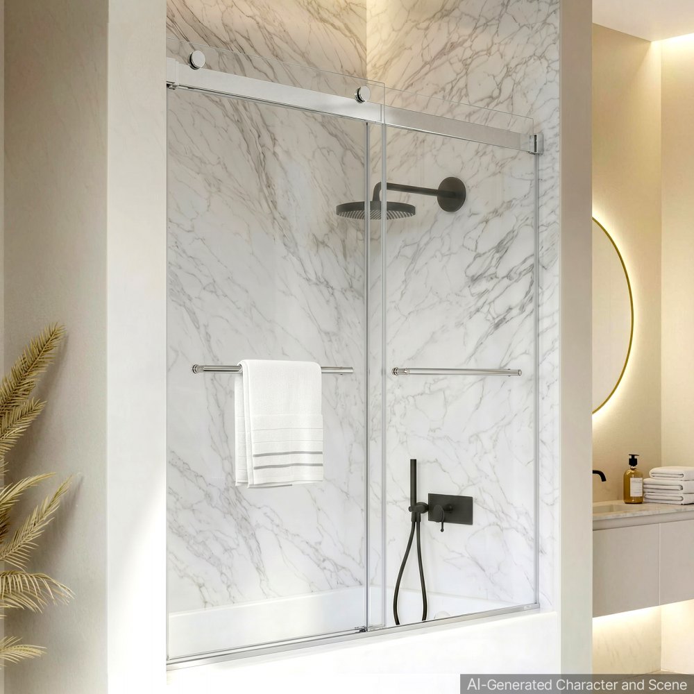 VEVOR Bathtub Shower Door 60"W x 60"H Frameless Bypass Sliding Doors Silver, 5/16" Clear Tempered Glass, Double Sliding Tub Shower Doors with 2 Stainless Steel Handles, Nano Coating, for Bathroom Tubs