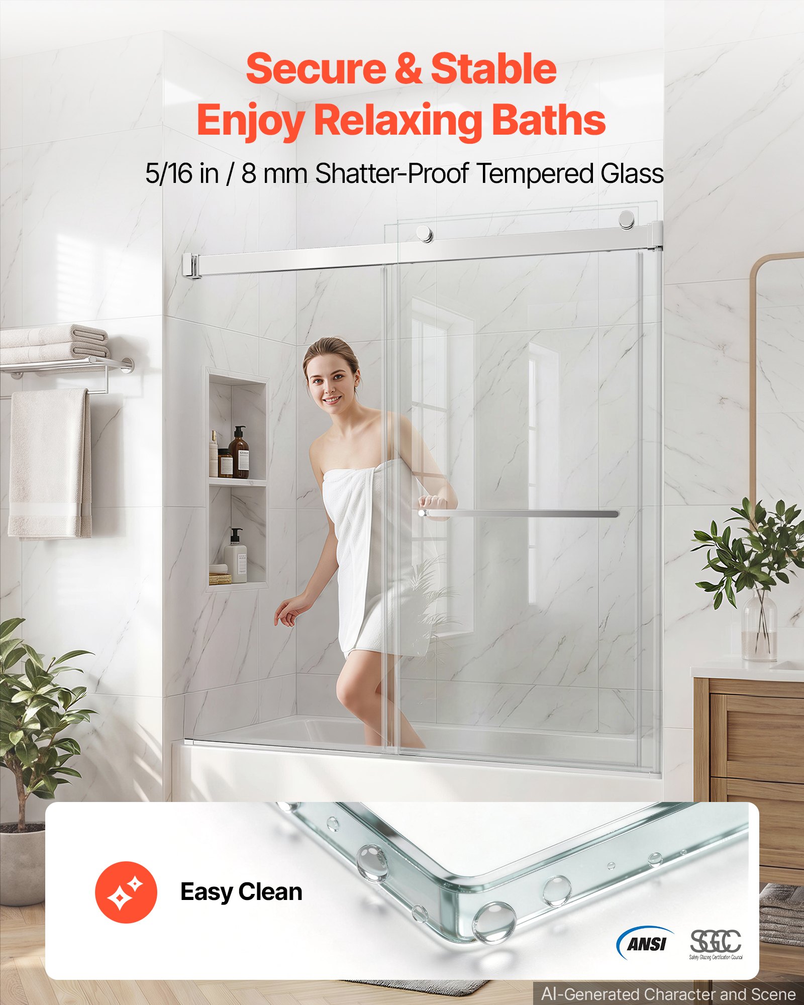VEVOR Bathtub Shower Door 60"W x 60"H Frameless Bypass Sliding Doors Silver, 5/16" Clear Tempered Glass, Double Sliding Tub Shower Doors with 2 Stainless Steel Handles, Nano Coating, for Bathroom Tubs