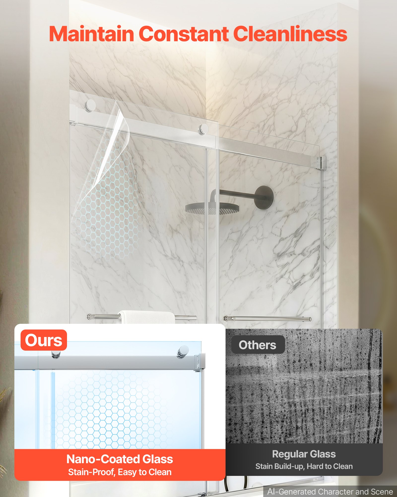 VEVOR Bathtub Shower Door 60"W x 60"H Frameless Bypass Sliding Doors Silver, 5/16" Clear Tempered Glass, Double Sliding Tub Shower Doors with 2 Stainless Steel Handles, Nano Coating, for Bathroom Tubs