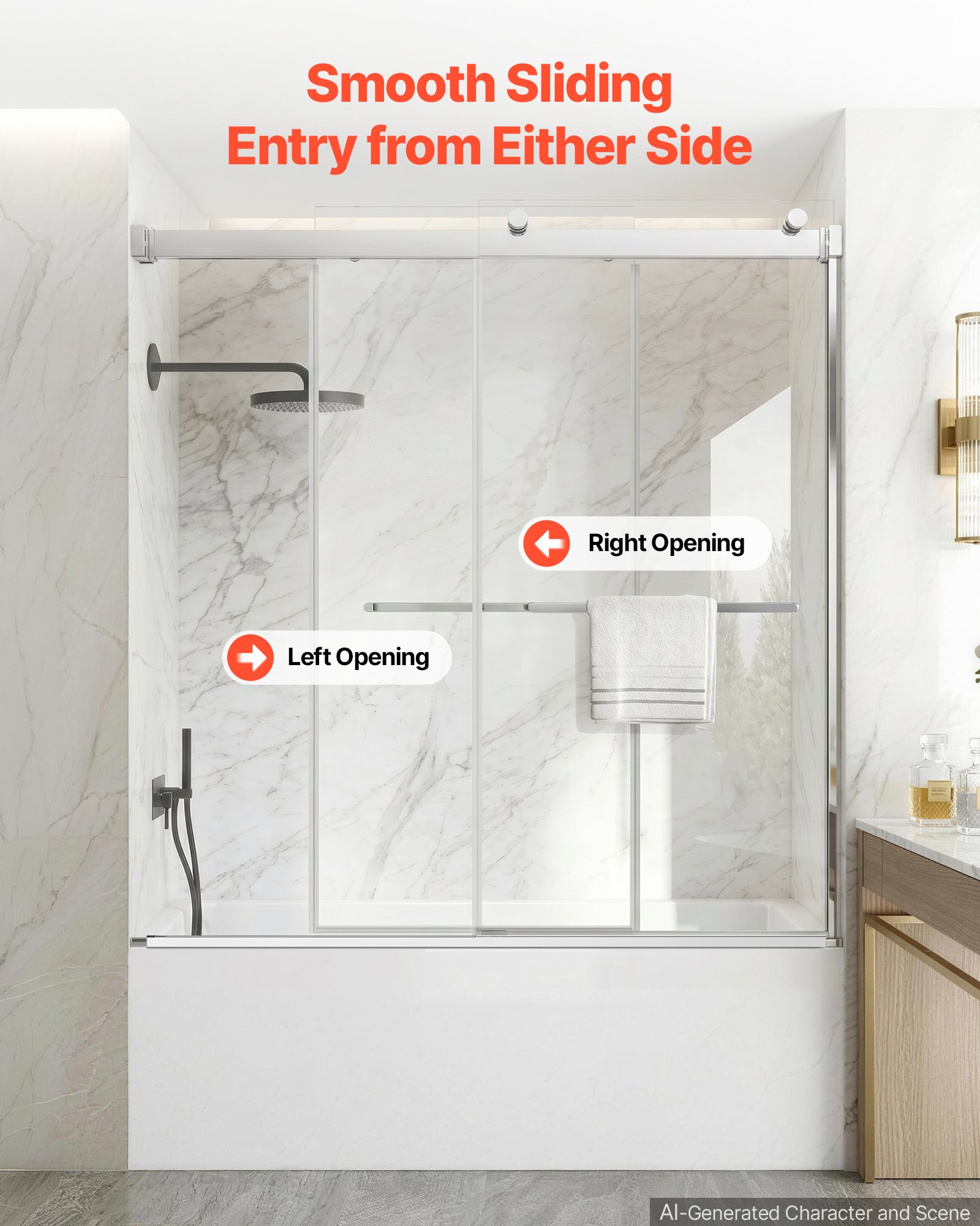 VEVOR Bathtub Shower Door 60"W x 60"H Frameless Bypass Sliding Doors Silver, 5/16" Clear Tempered Glass, Double Sliding Tub Shower Doors with 2 Stainless Steel Handles, Nano Coating, for Bathroom Tubs