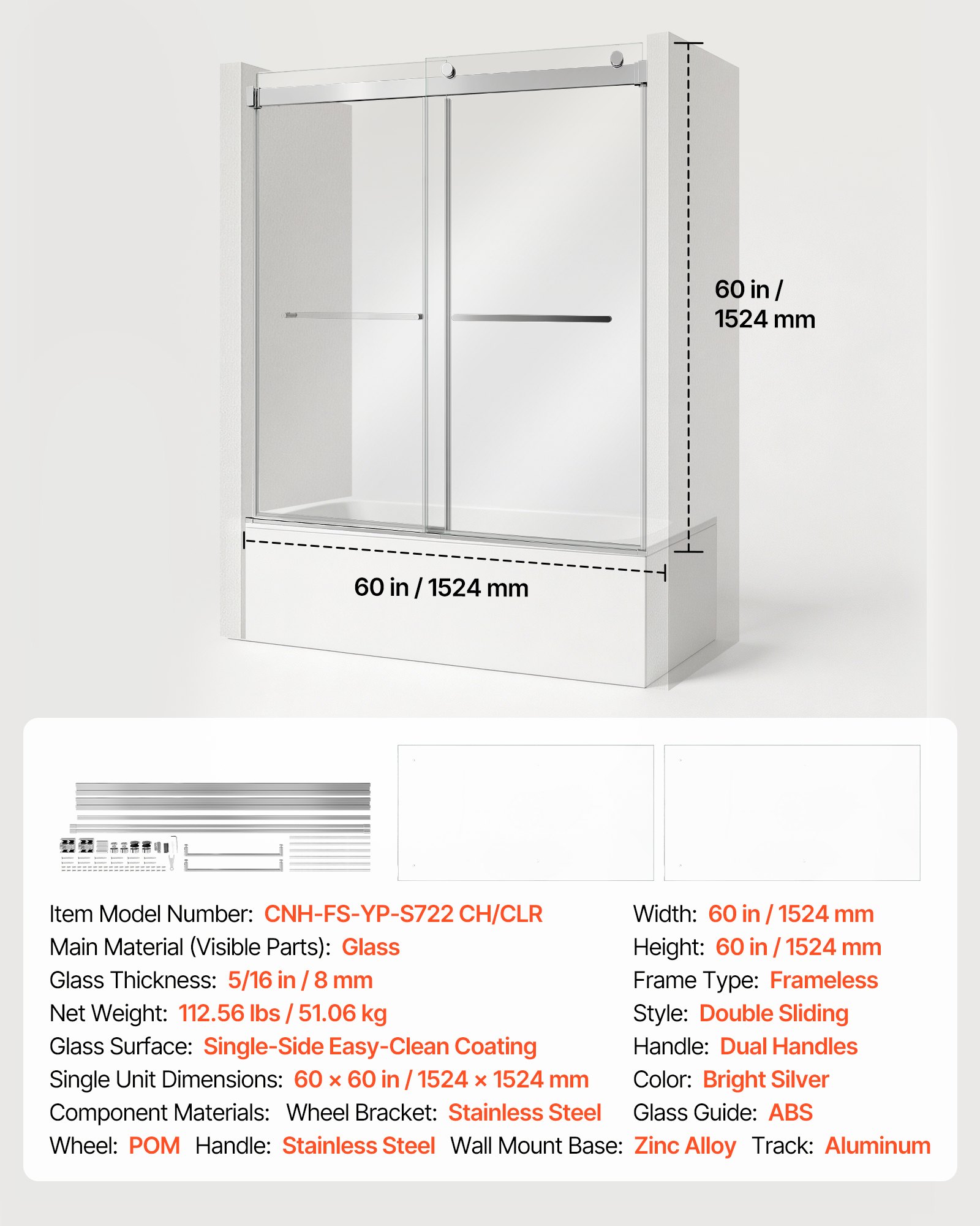 VEVOR Bathtub Shower Door 60"W x 60"H Frameless Bypass Sliding Doors Silver, 5/16" Clear Tempered Glass, Double Sliding Tub Shower Doors with 2 Stainless Steel Handles, Nano Coating, for Bathroom Tubs