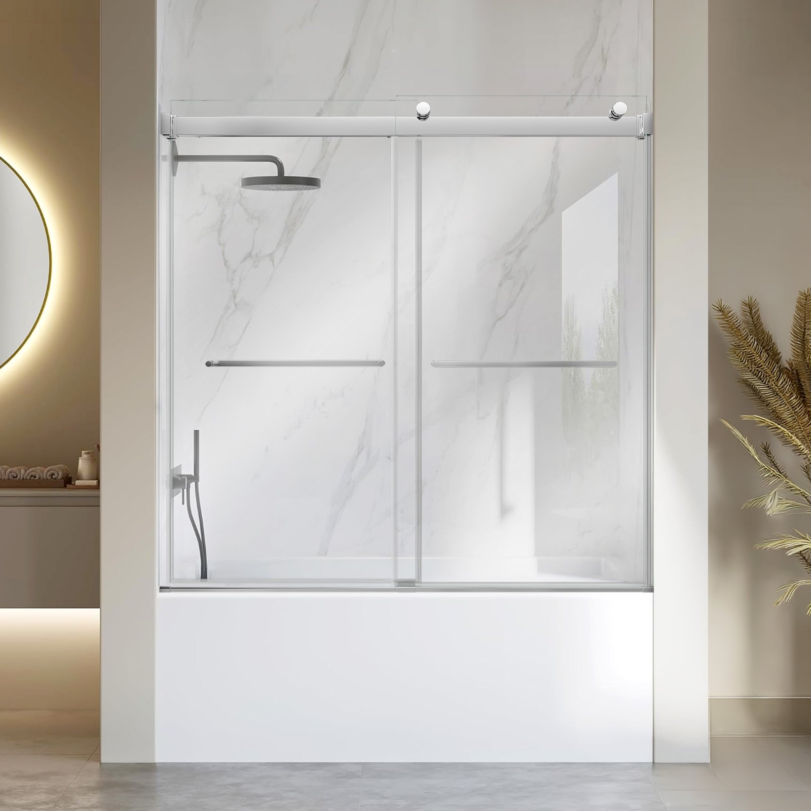 VEVOR Bathtub Shower Door 60"W x 60"H Frameless Bypass Sliding Doors Silver, 5/16" Clear Tempered Glass, Double Sliding Tub Shower Doors with 2 Stainless Steel Handles, Nano Coating, for Bathroom Tubs