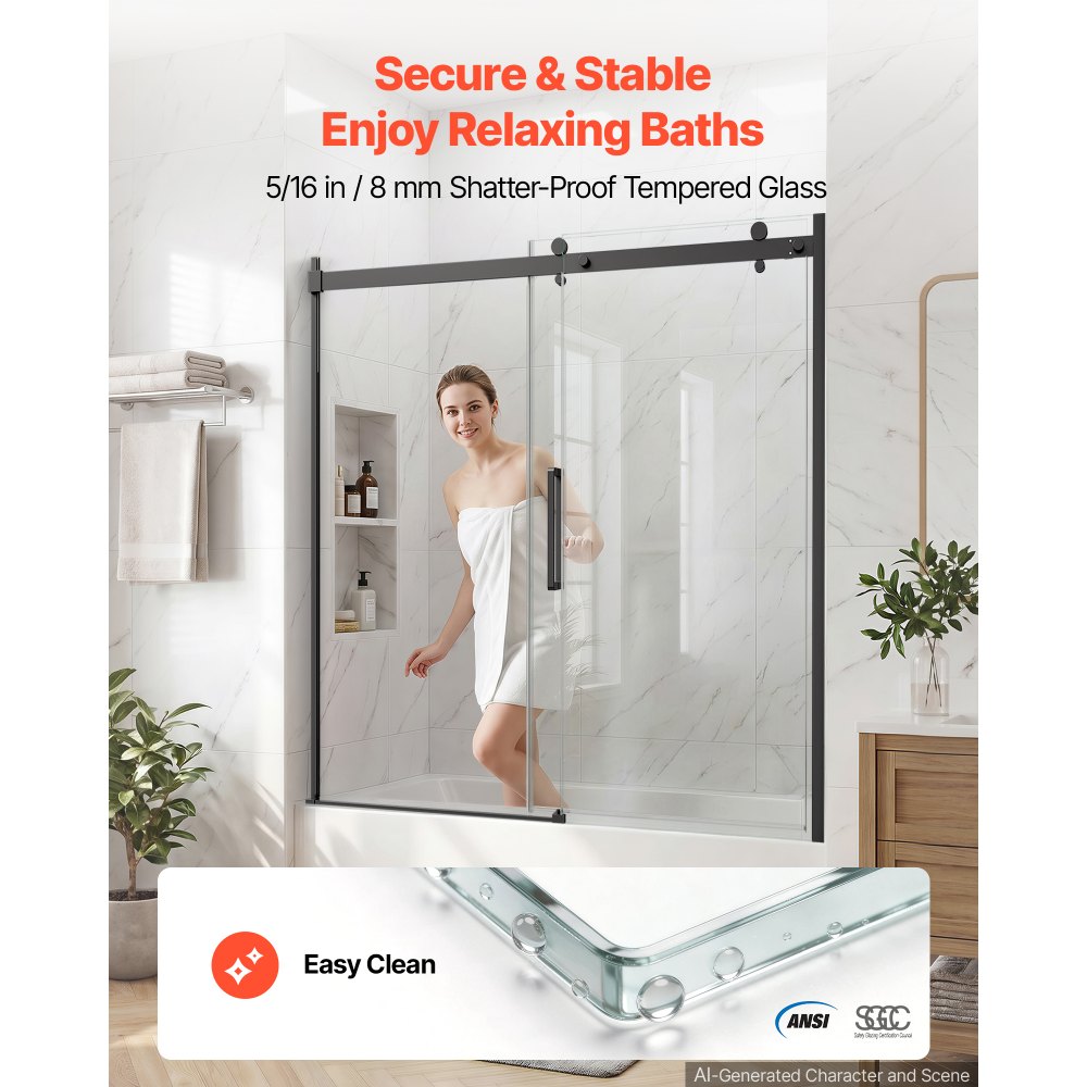 VEVOR Bathtub Shower Door 60" W x 60" H Semi-Frameless Sliding Door Black, 5/16" Thick Clear Tempered Glass, Sliding Tub Shower Door with 2 Stainless Steel Handles, Nano Coating, for Bathroom Tubs