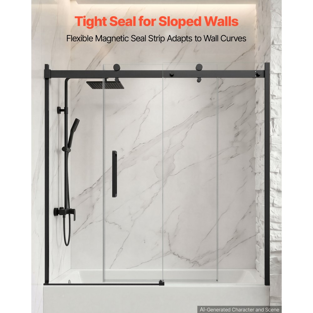 VEVOR Bathtub Shower Door 60" W x 60" H Semi-Frameless Sliding Door Black, 5/16" Thick Clear Tempered Glass, Sliding Tub Shower Door with 2 Stainless Steel Handles, Nano Coating, for Bathroom Tubs