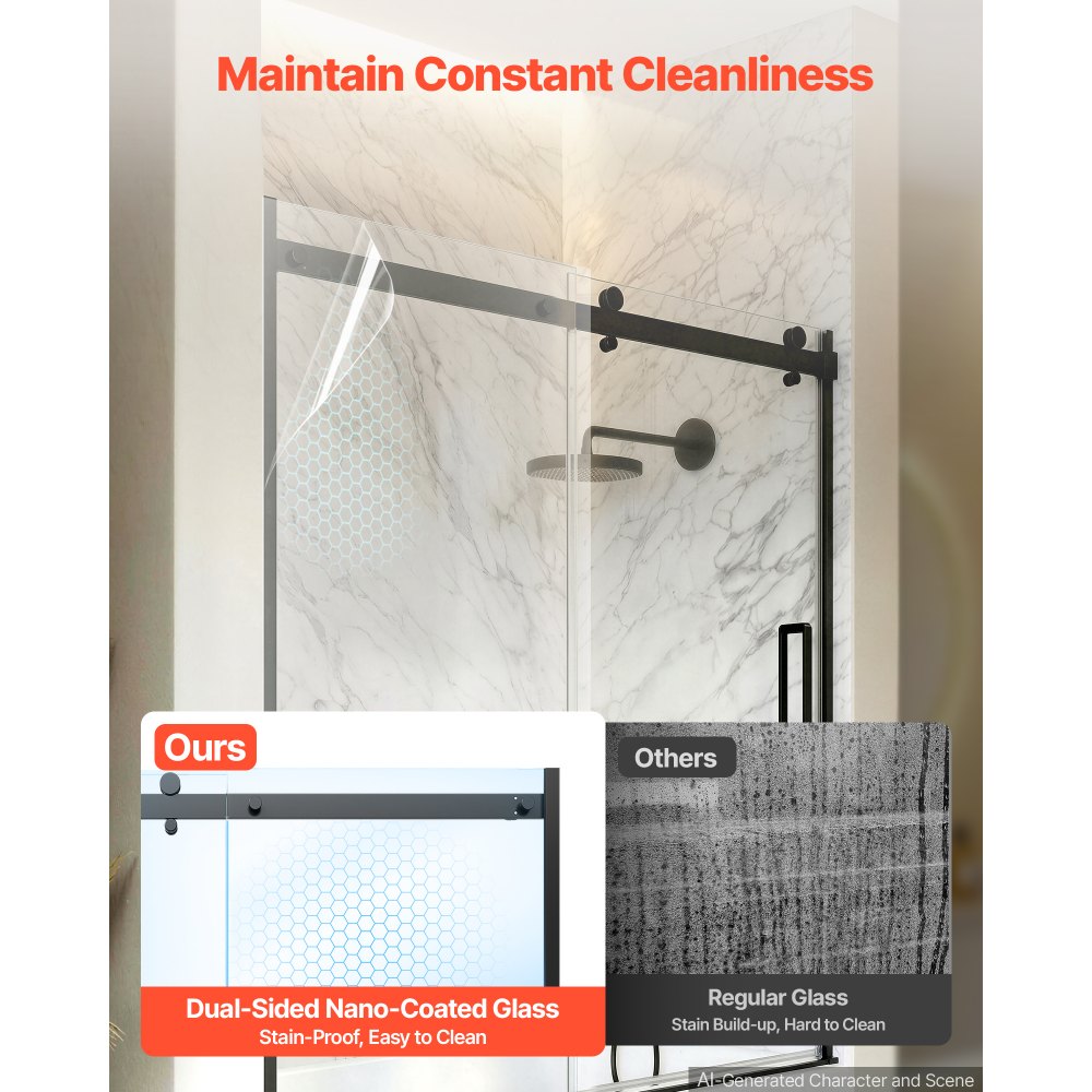 VEVOR Bathtub Shower Door 60" W x 60" H Semi-Frameless Sliding Door Black, 5/16" Thick Clear Tempered Glass, Sliding Tub Shower Door with 2 Stainless Steel Handles, Nano Coating, for Bathroom Tubs