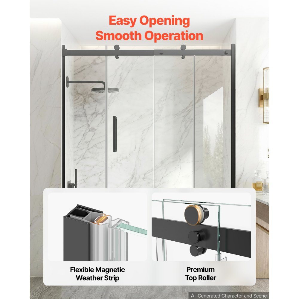 VEVOR Bathtub Shower Door 60" W x 60" H Semi-Frameless Sliding Door Black, 5/16" Thick Clear Tempered Glass, Sliding Tub Shower Door with 2 Stainless Steel Handles, Nano Coating, for Bathroom Tubs