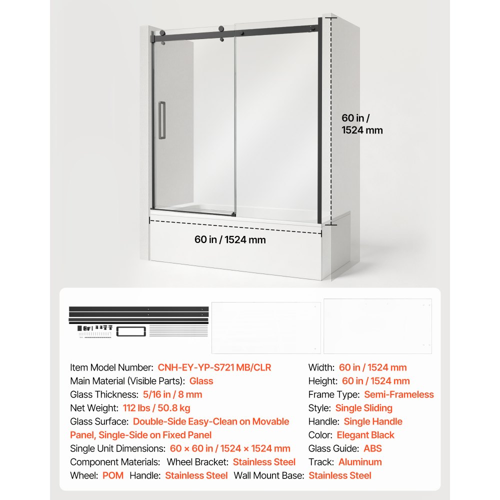 VEVOR Bathtub Shower Door 60" W x 60" H Semi-Frameless Sliding Door Black, 5/16" Thick Clear Tempered Glass, Sliding Tub Shower Door with 2 Stainless Steel Handles, Nano Coating, for Bathroom Tubs