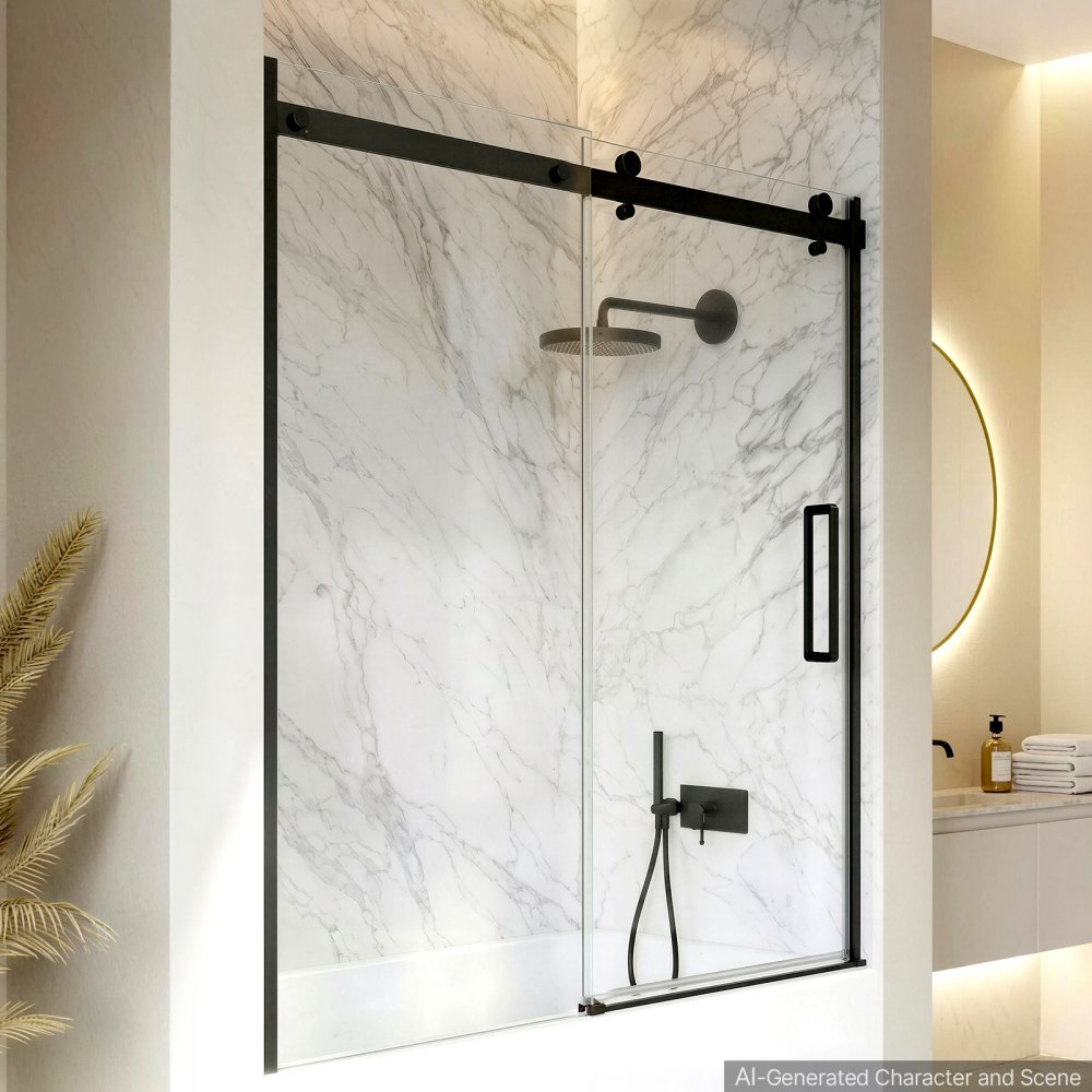 VEVOR Bathtub Shower Door 60" W x 60" H Semi-Frameless Sliding Door Black, 5/16" Thick Clear Tempered Glass, Sliding Tub Shower Door with 2 Stainless Steel Handles, Nano Coating, for Bathroom Tubs